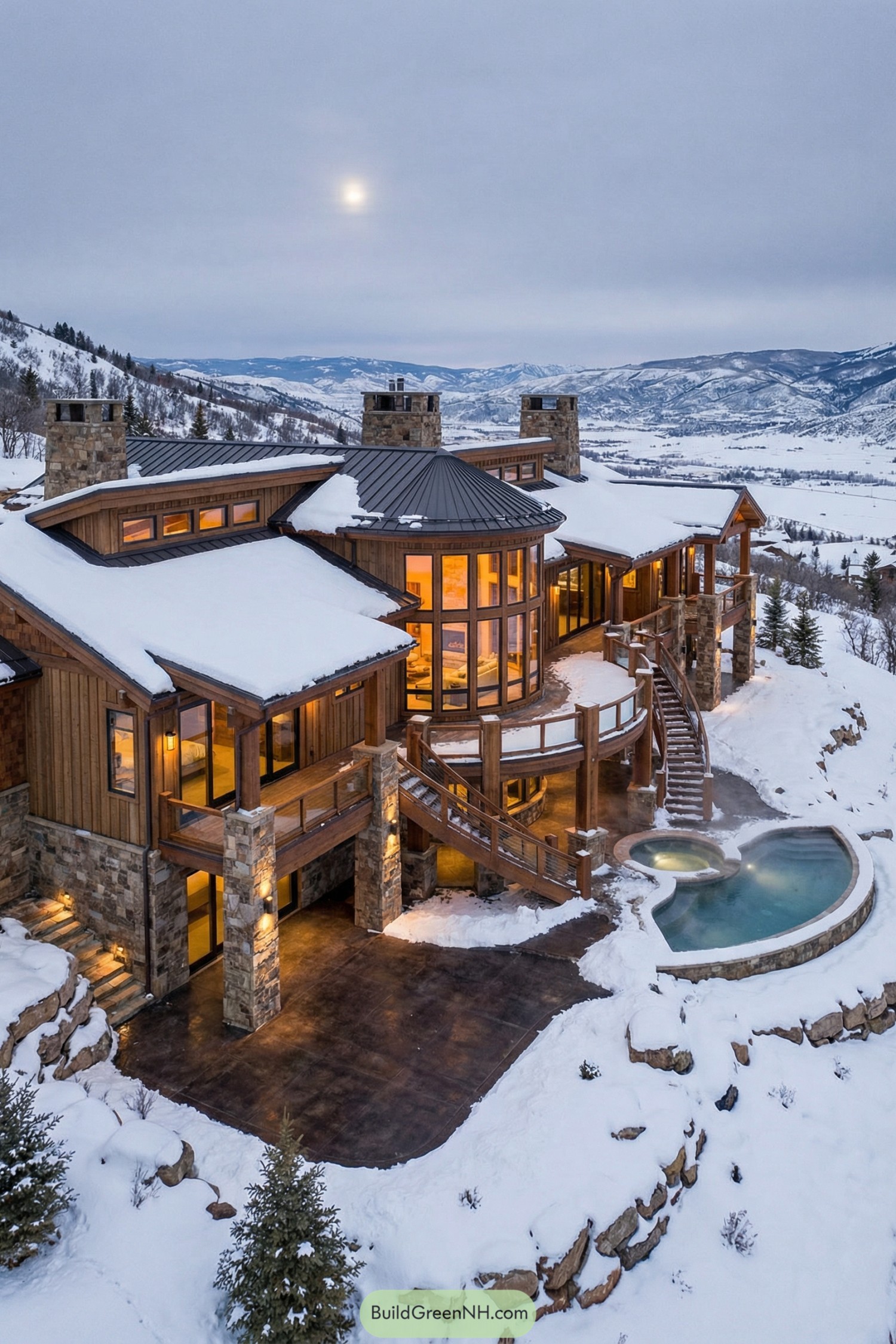 Large wood and stone mountain home with curved glass windows and outdoor hot tub in snowy landscape