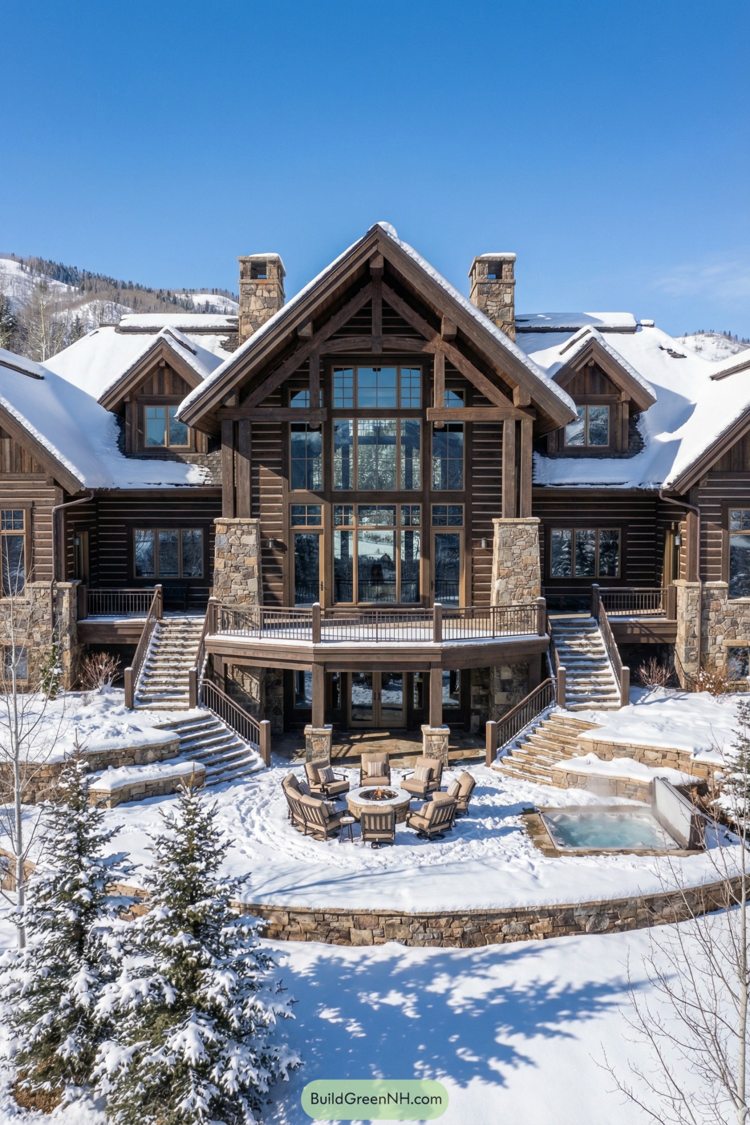 Large timber and stone lodge in snowy mountains