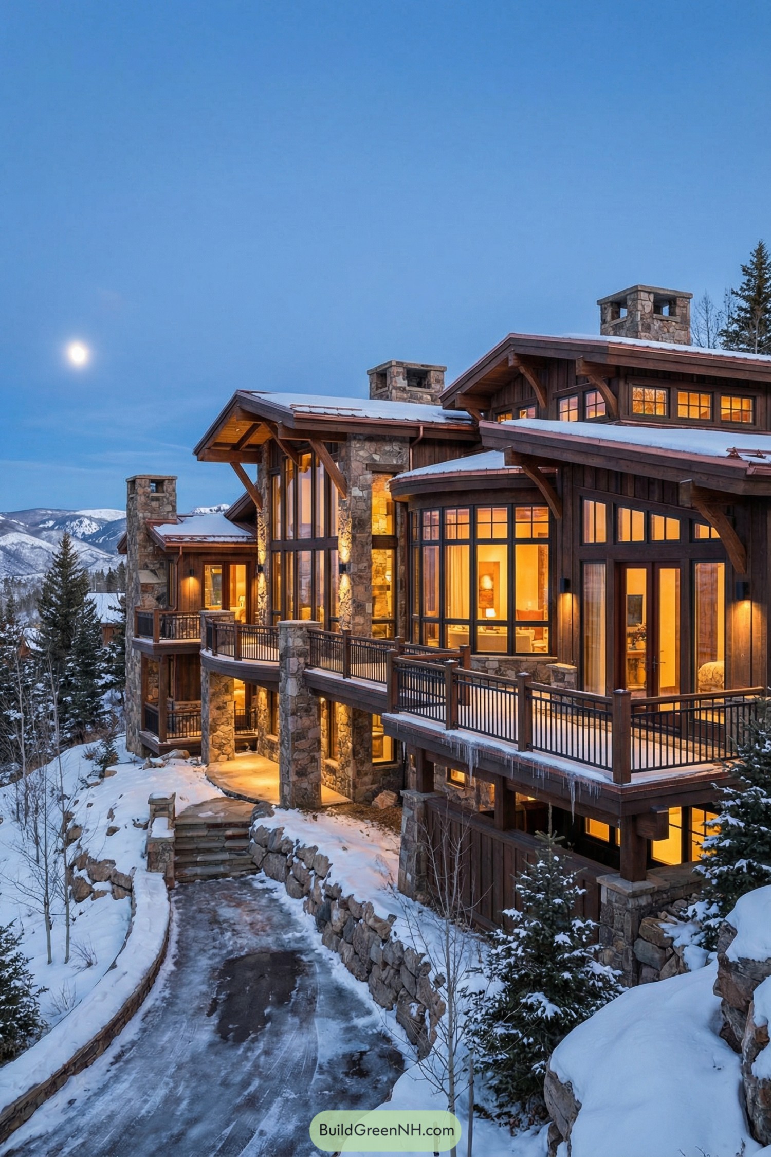 Large glass and stone mountain lodge at dusk in snowy landscape