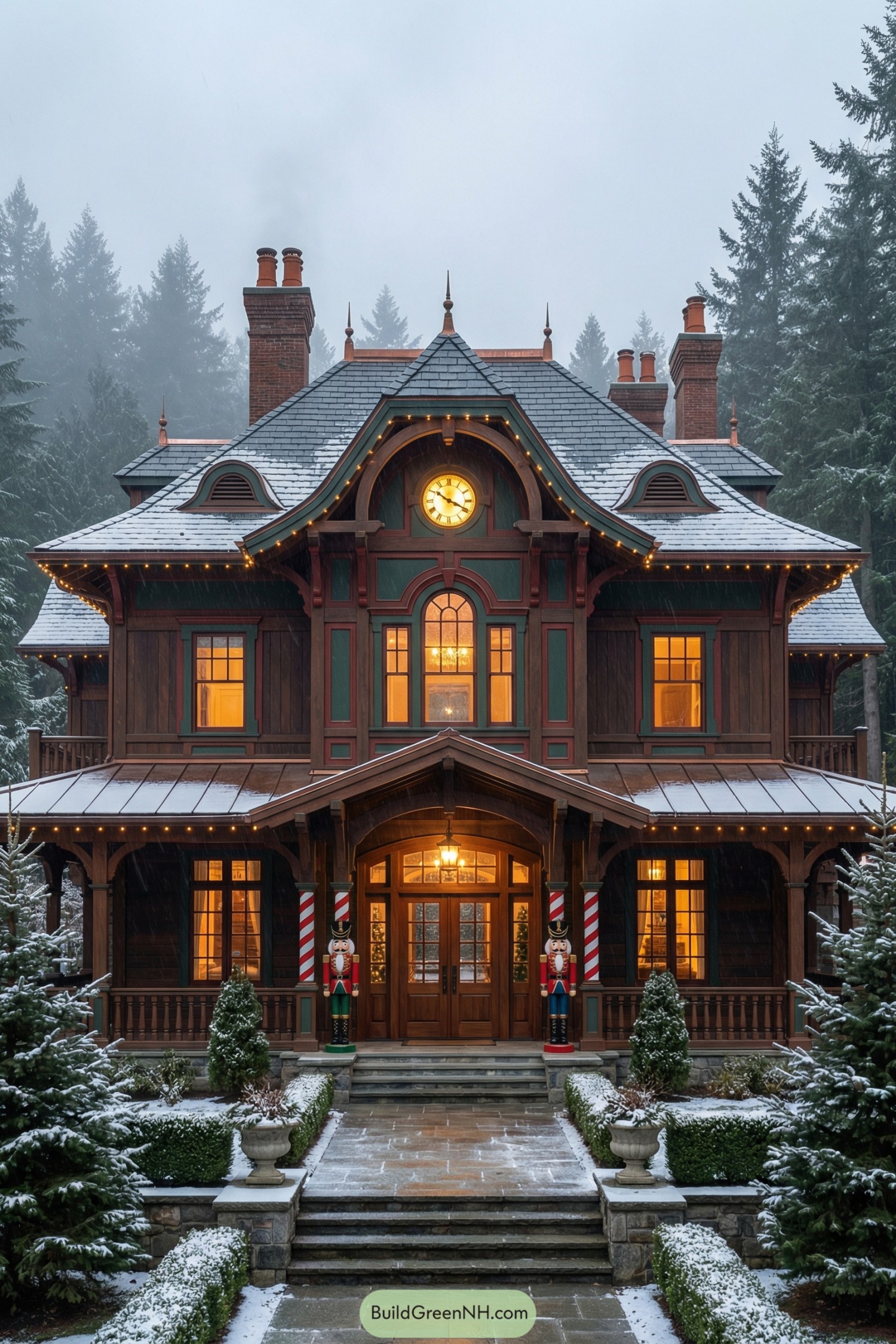 Victorian-style winter mansion with clocktower facade and warm lights