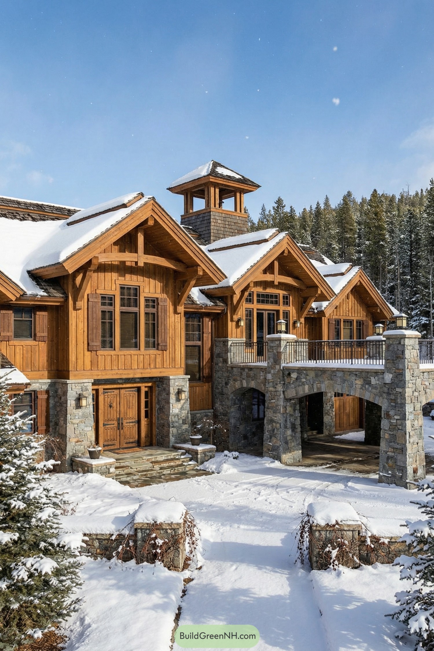 Warm timber and stone winter lodge with arched driveway bridge and central lookout tower in snowy forest setting