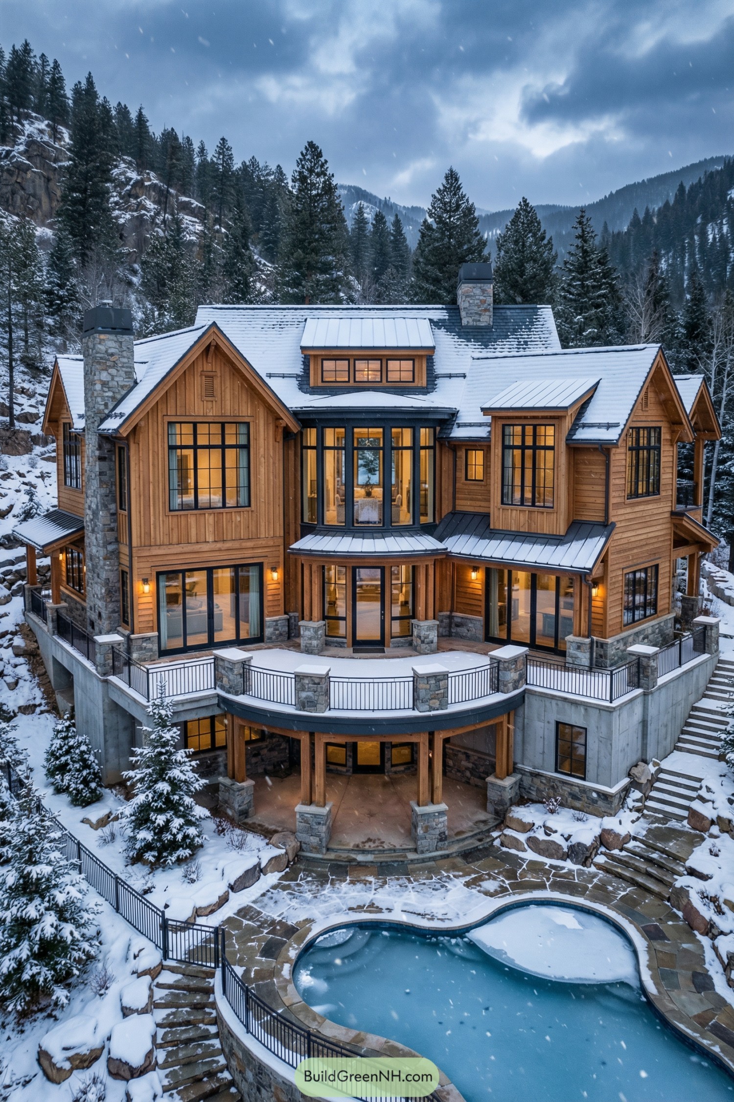 Warm timber and stone mansion in snowy mountains with tiered decks overlooking a pool