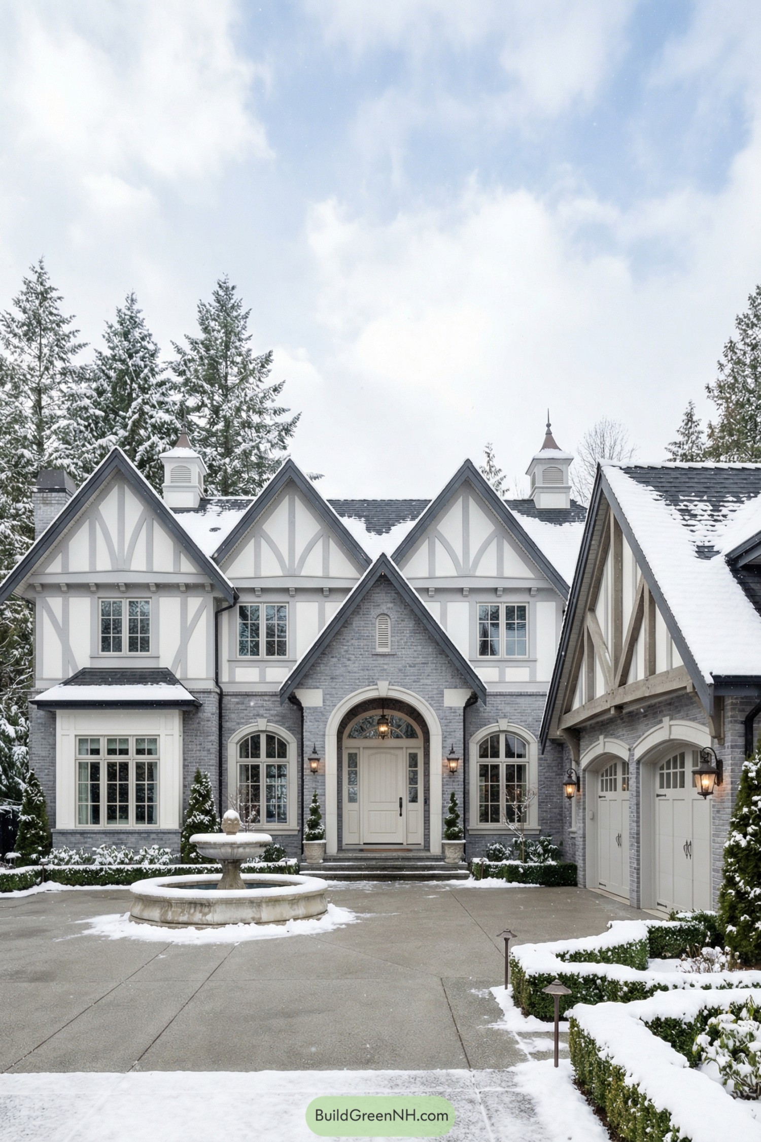 Snow-covered Tudor-style gray brick mansion front