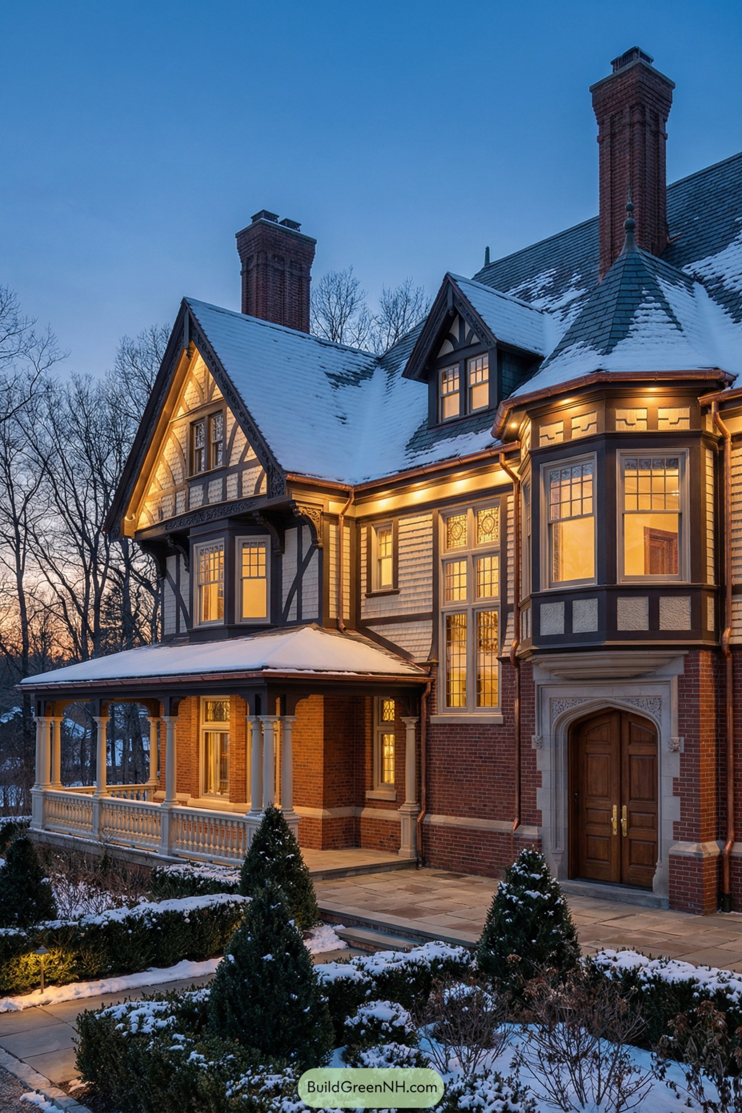 Warm Tudor-style mansion with snow-covered roof at dusk