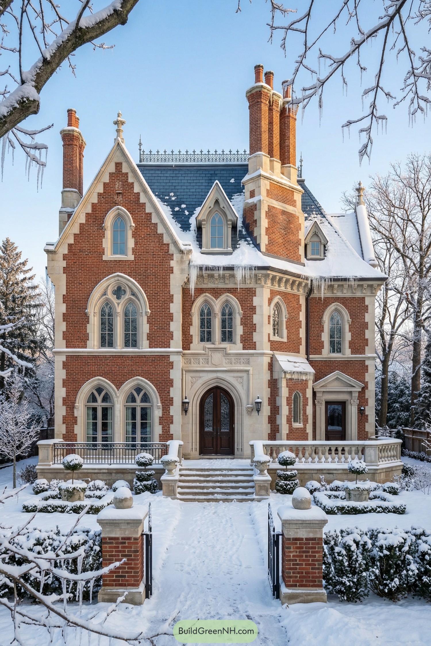 Red brick neo-Gothic mansion in fresh snow