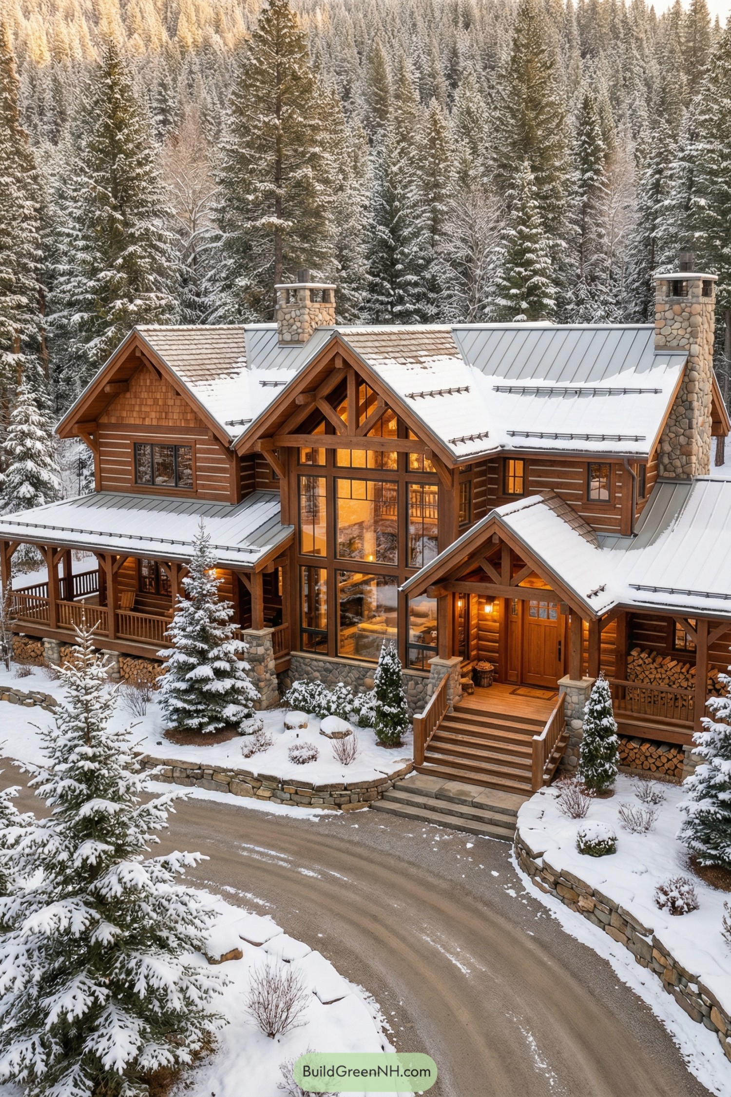 Wooden mountain lodge glowing in snowy forest