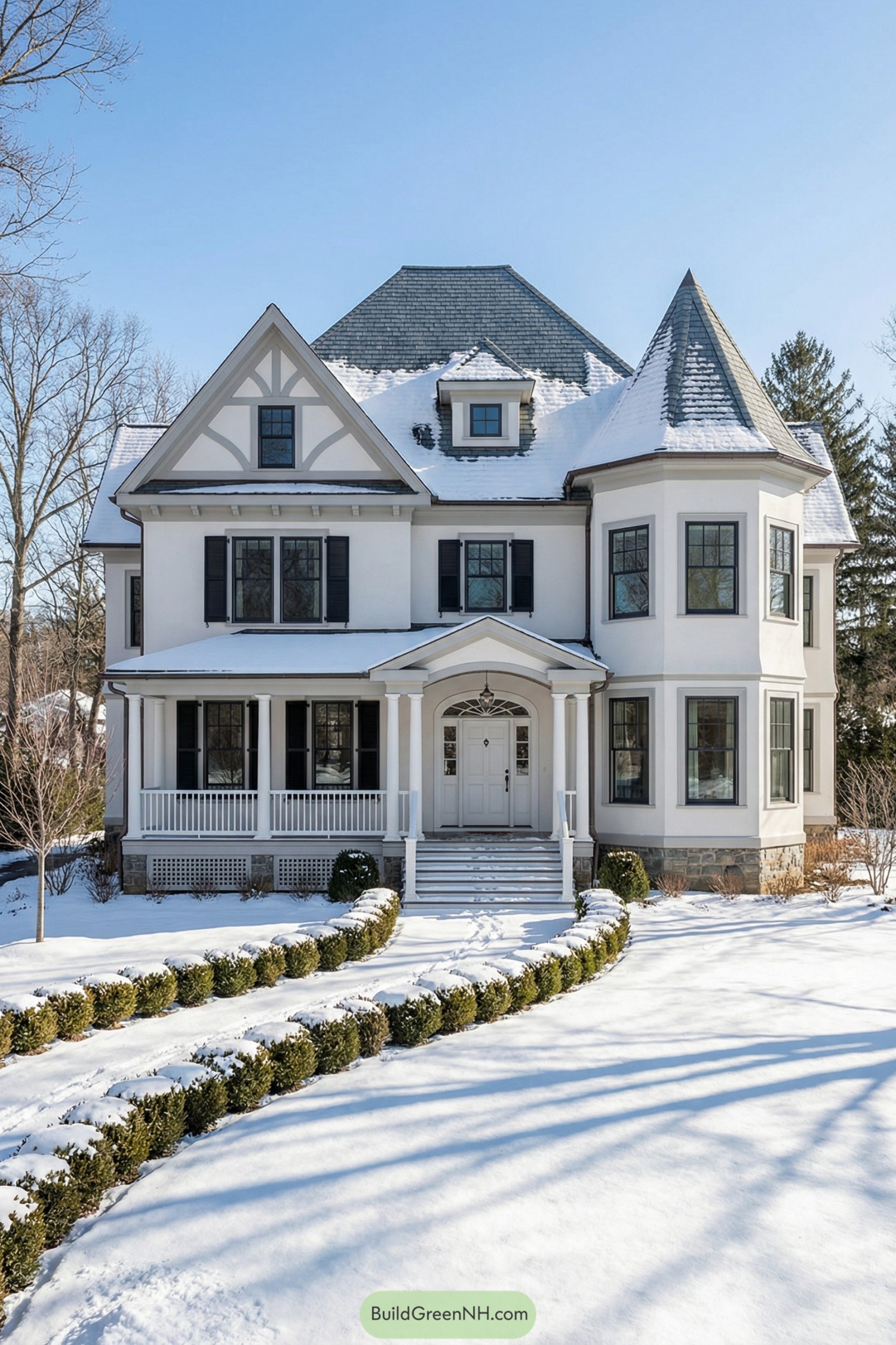 White three story house with front turret and snow covered yard