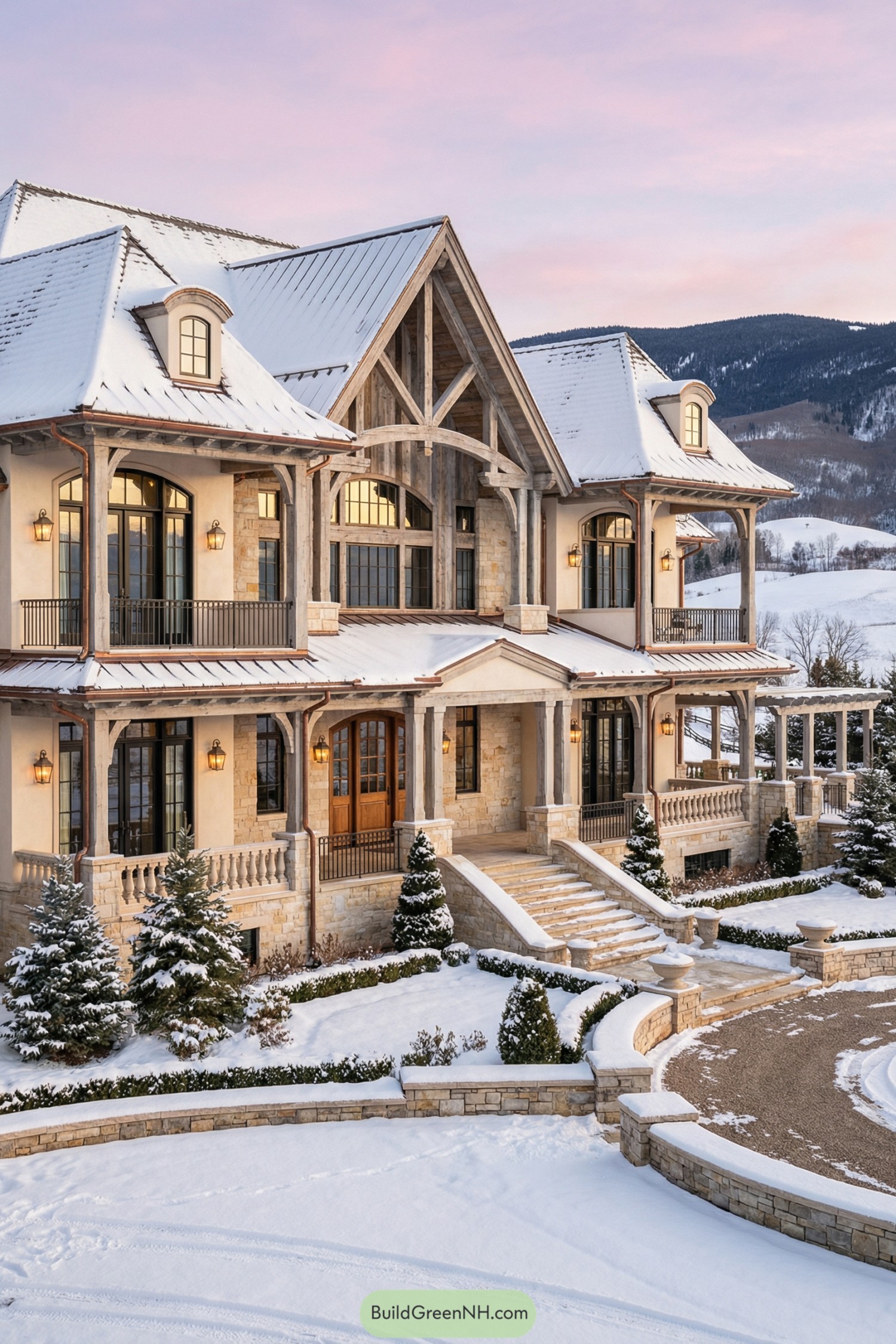 Large stone and timber mansion in snowy landscape at sunset