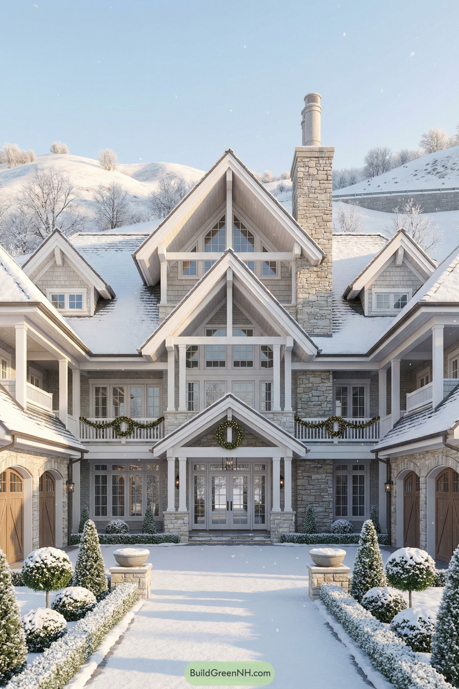 Large stone and wood winter mansion with snow-covered gables and central entry courtyard