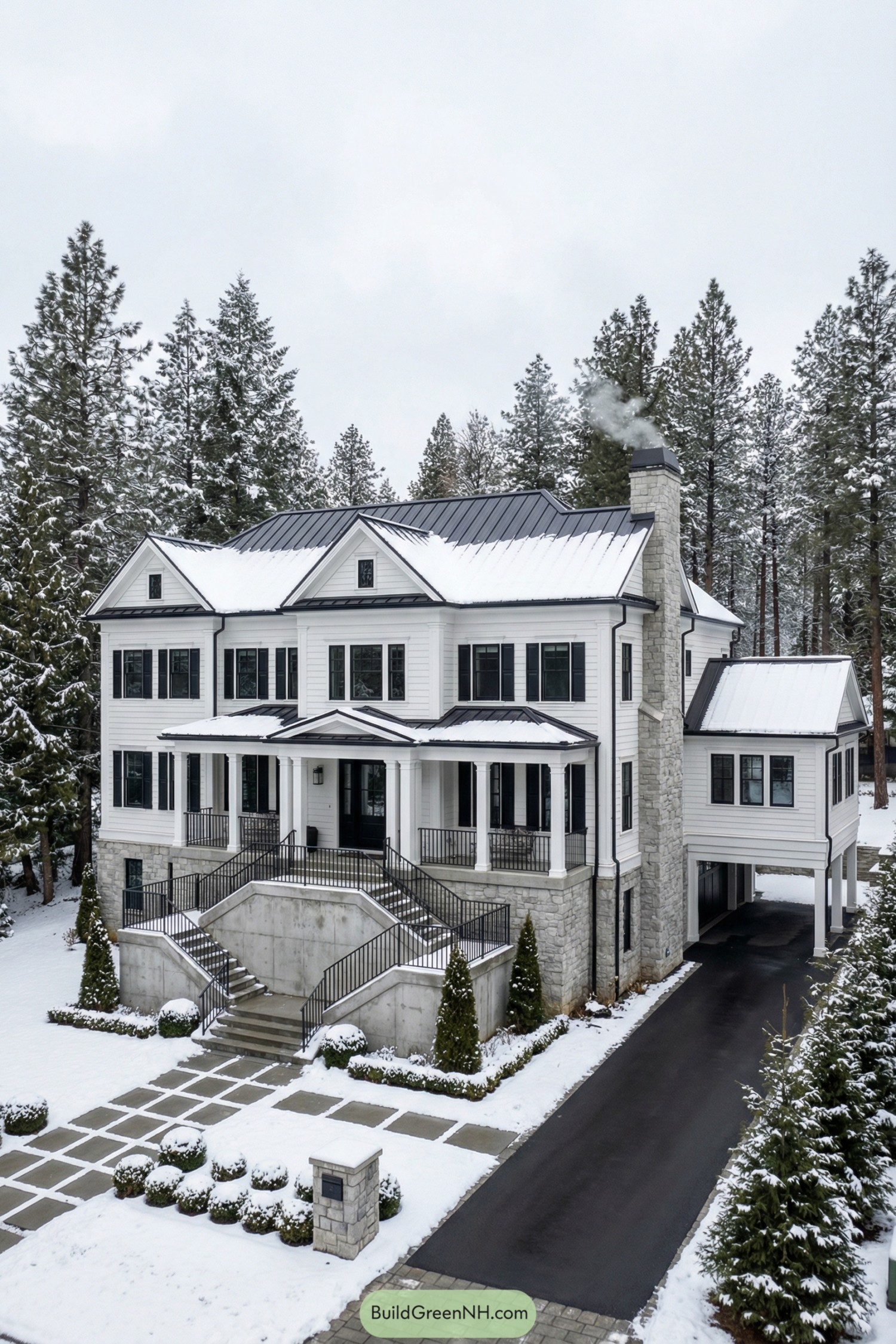 Large white manor-style house with grand front stairs surrounded by snowy evergreens