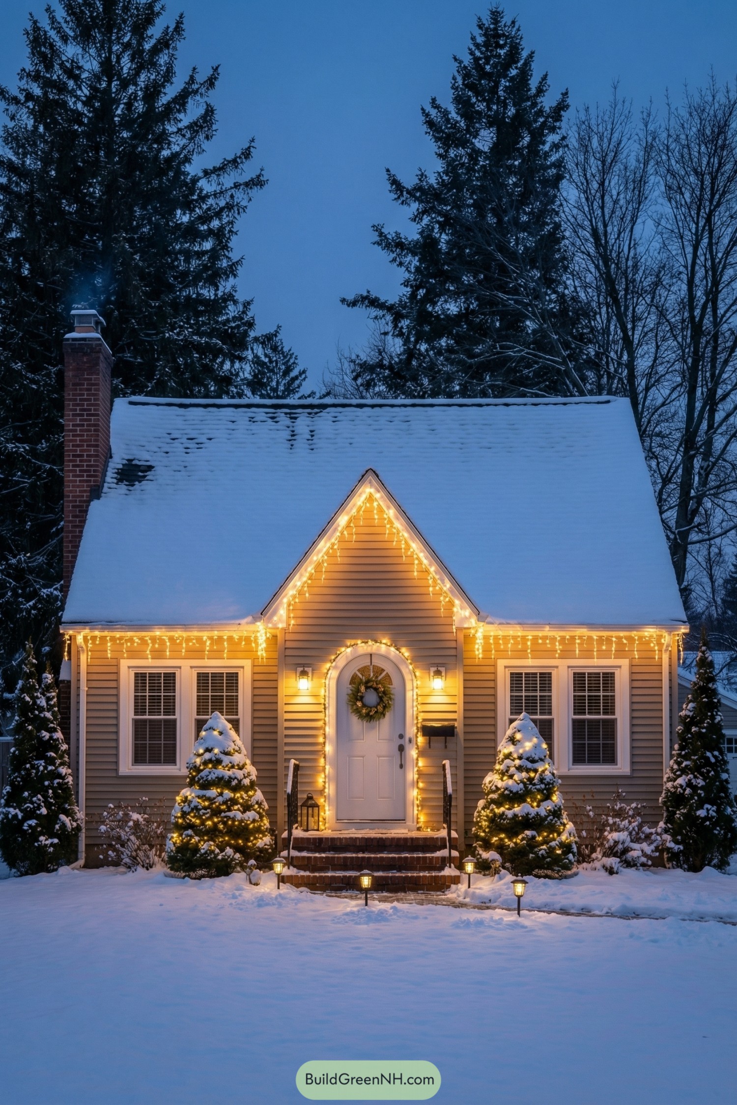 Small cottage with snow and warm lights