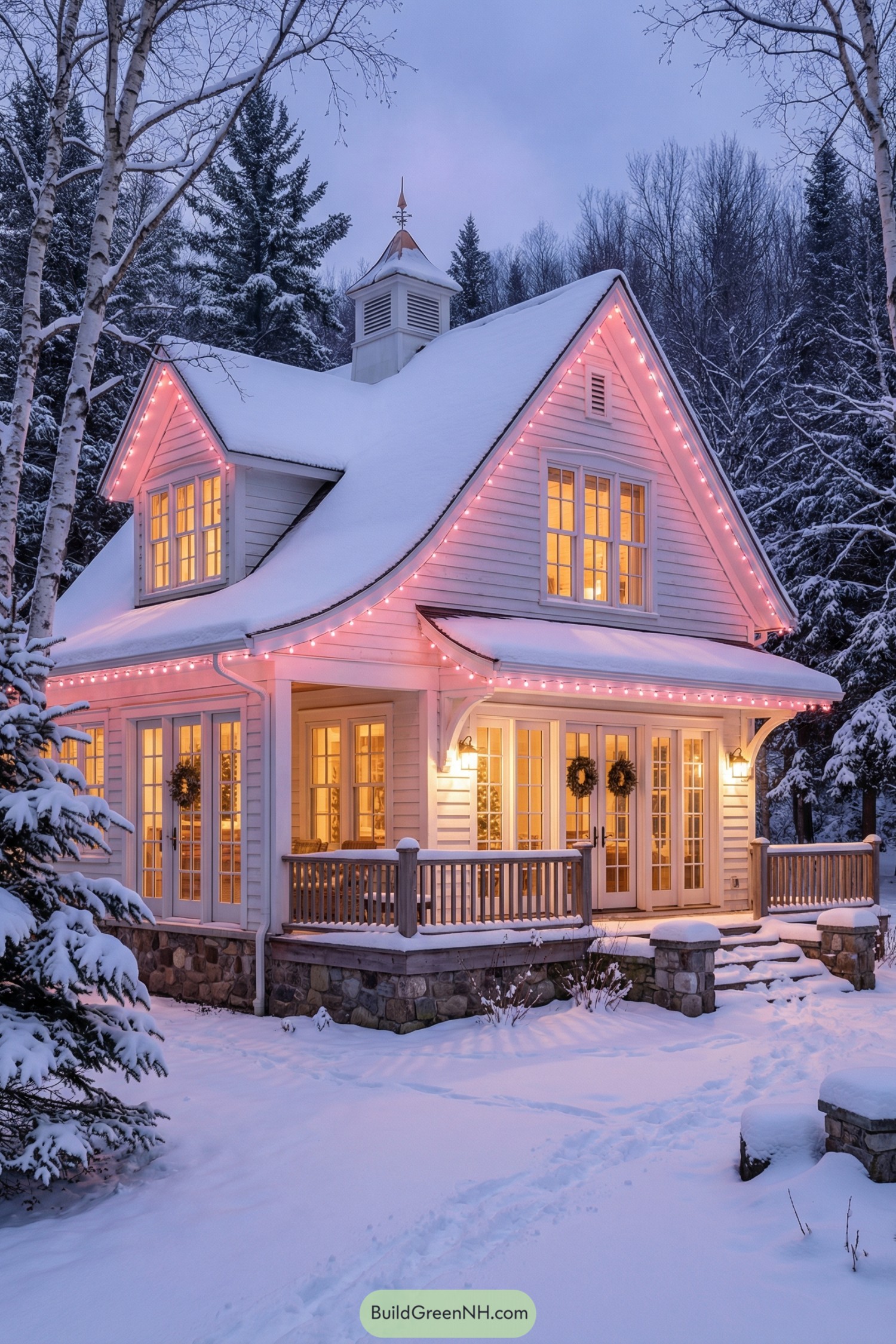 Snow-covered white cottage with pink lights at dusk