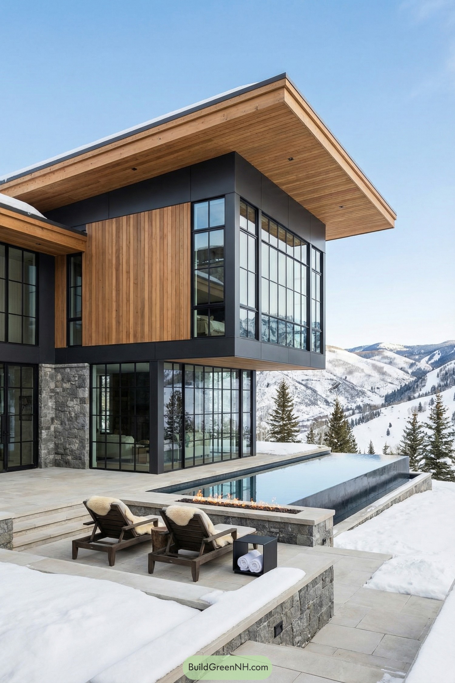 Modern wood and glass mountain home in snow