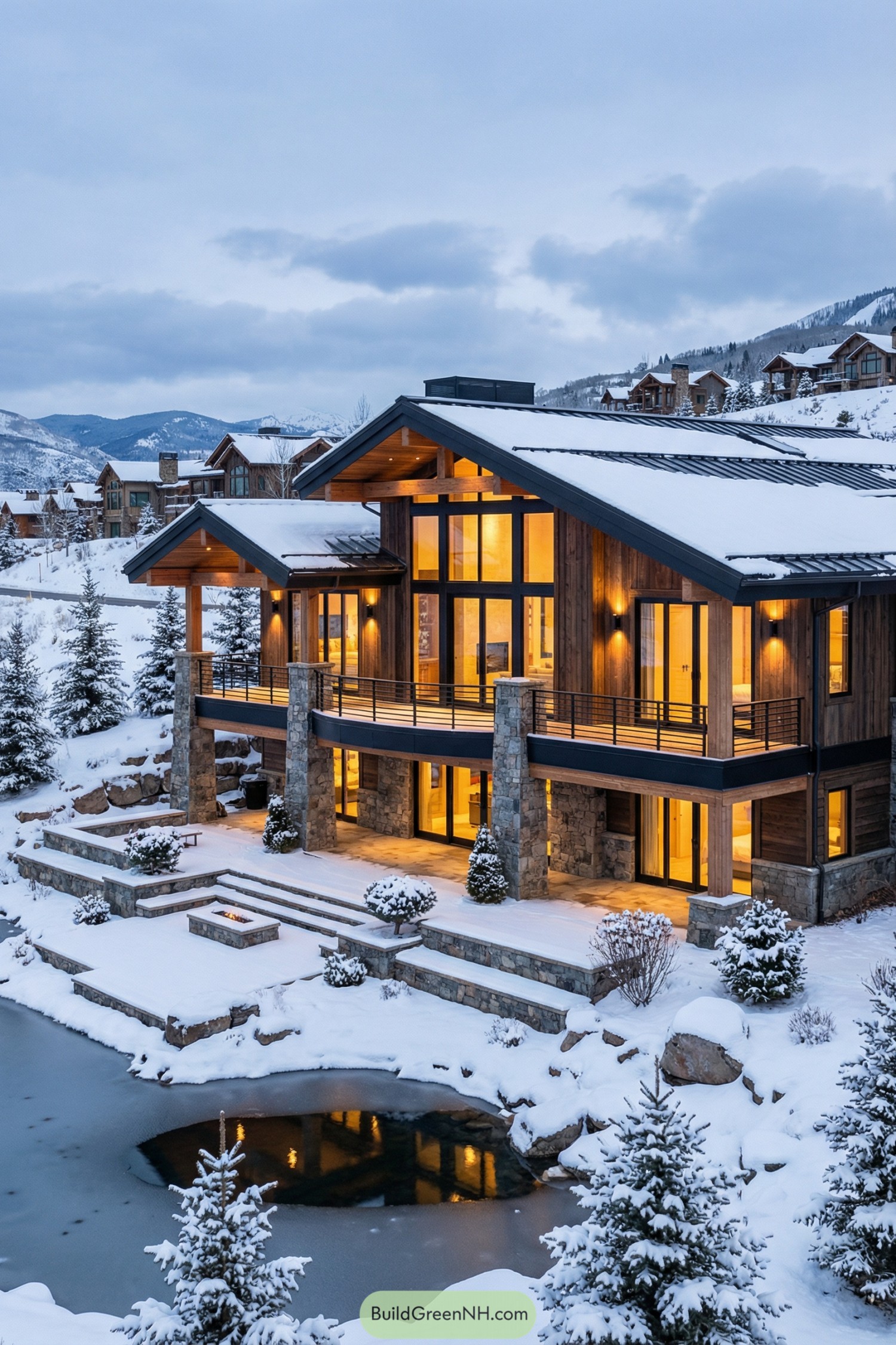 Modern timber mountain lodge glowing over a snowy pond at dusk