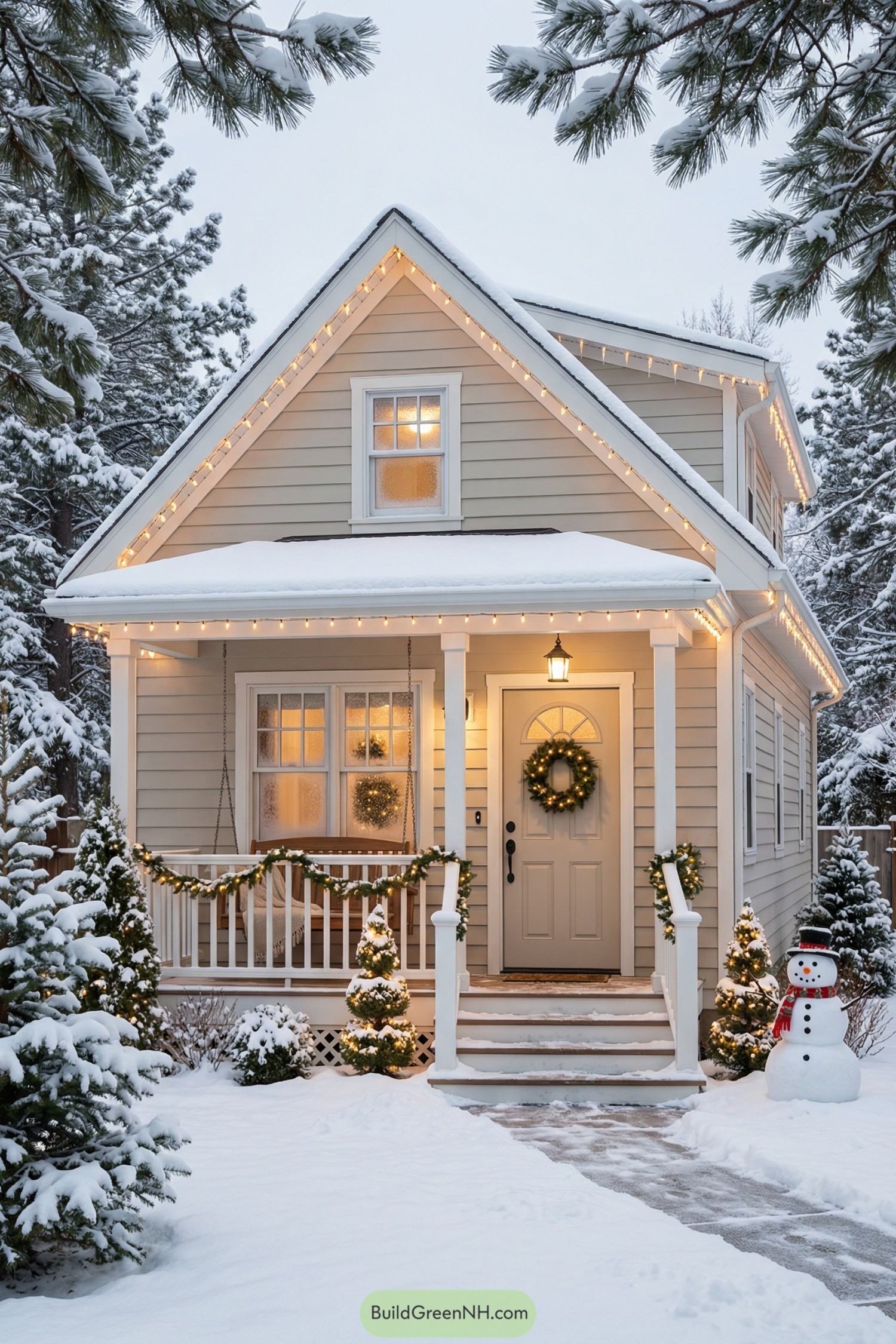 Cozy beige cottage with snow-covered porch and warm holiday lights