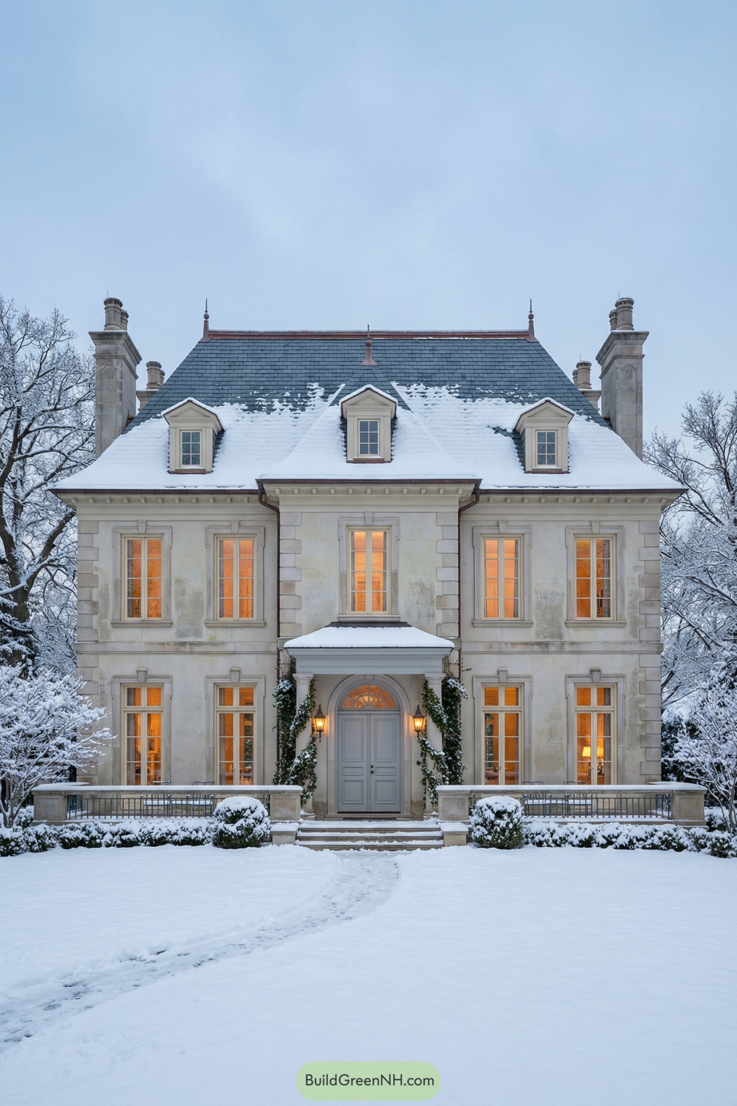 Elegant stone manor with snow-covered roof and warm glowing windows
