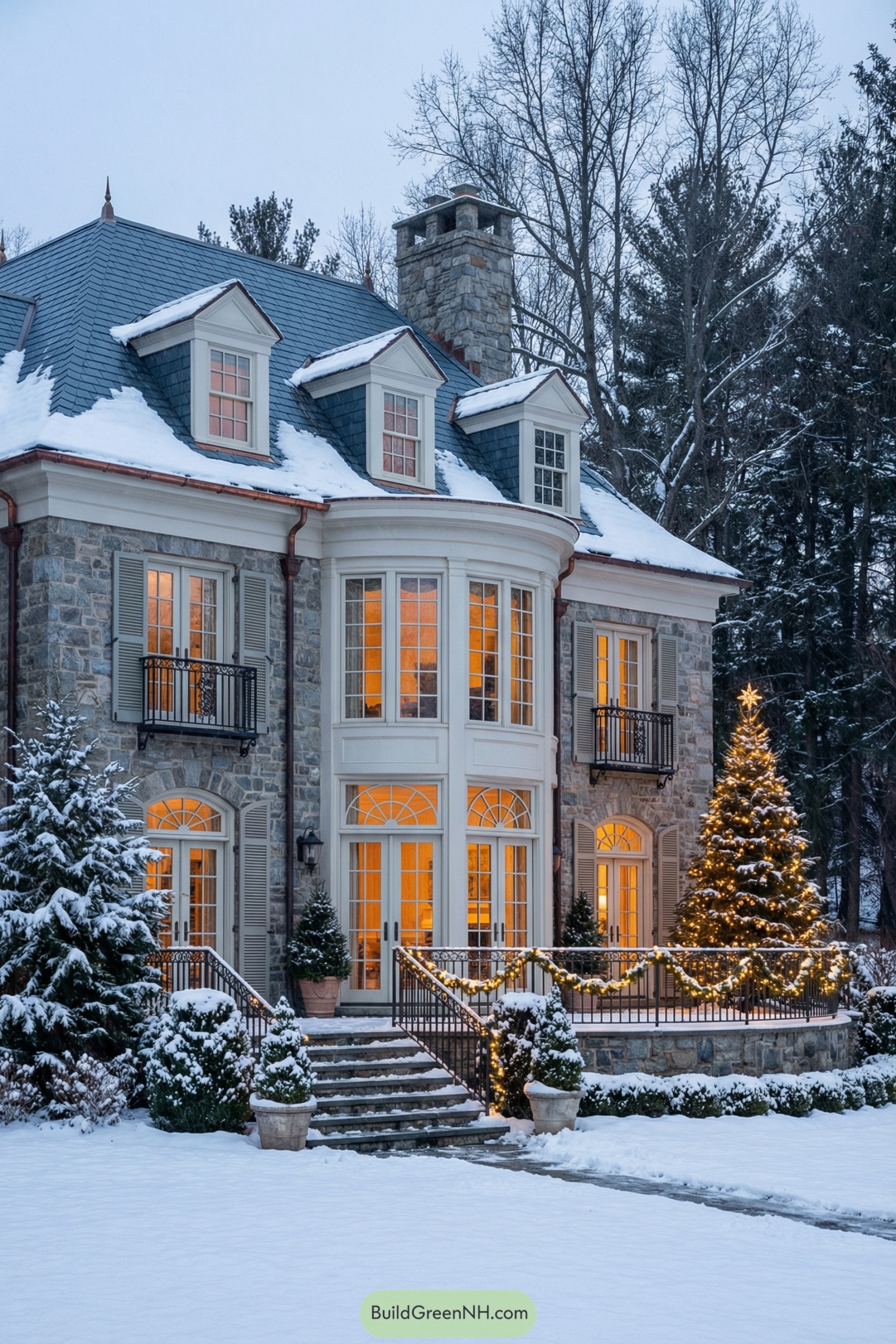Elegant stone mansion in the snow with warm interior lights and a lit Christmas tree outside