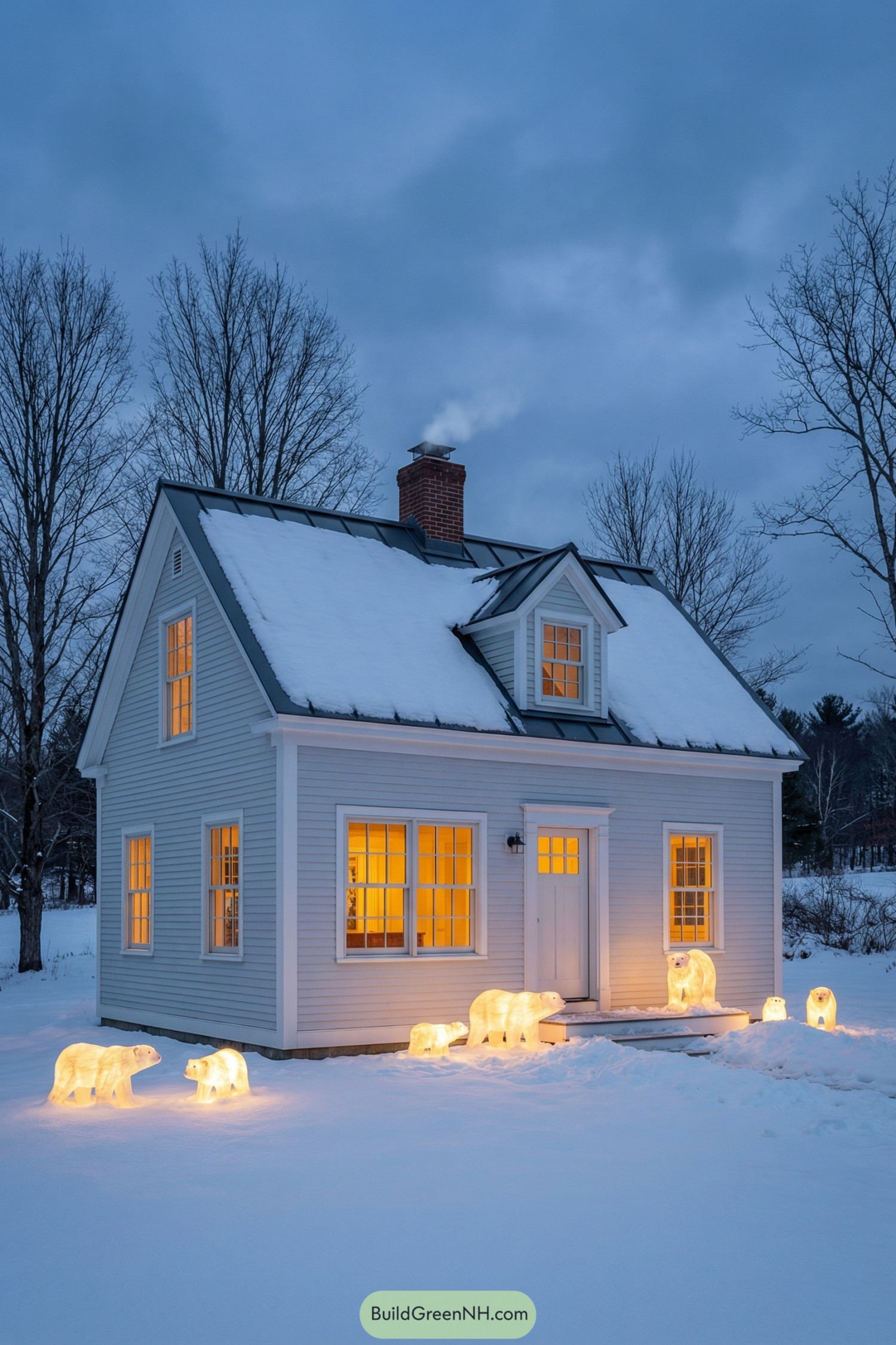 Small white farmhouse in snow with glowing polar bear decorations at dusk