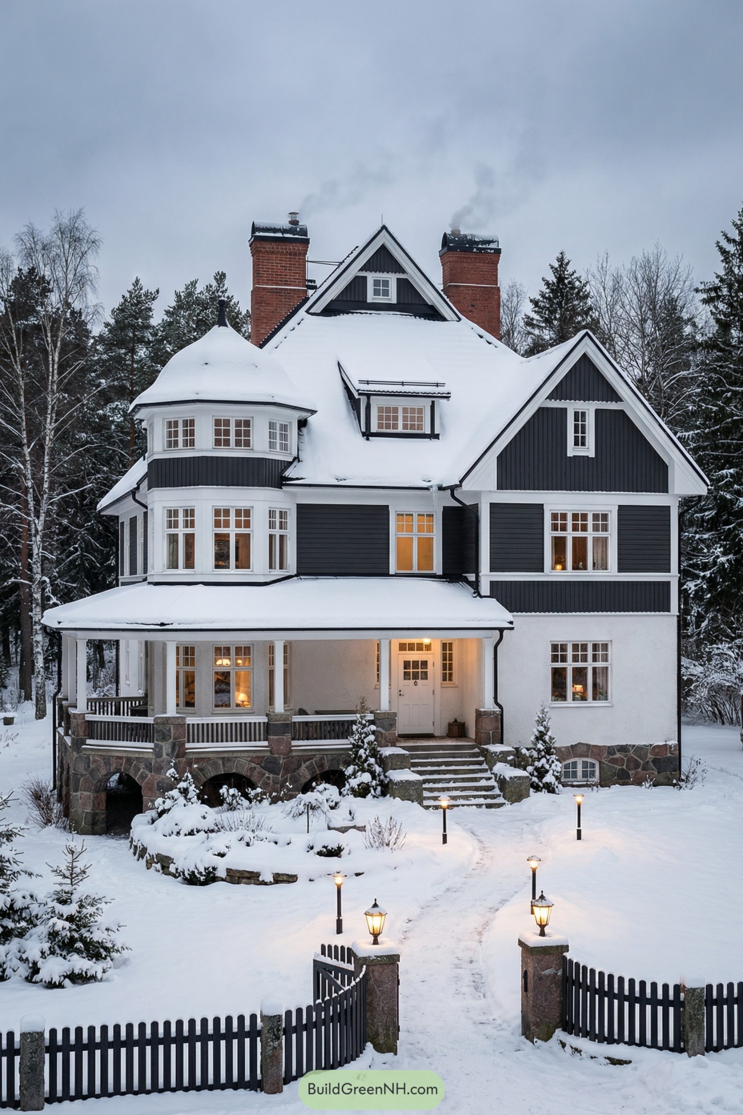 Snow-covered dark gabled manor with warm lights
