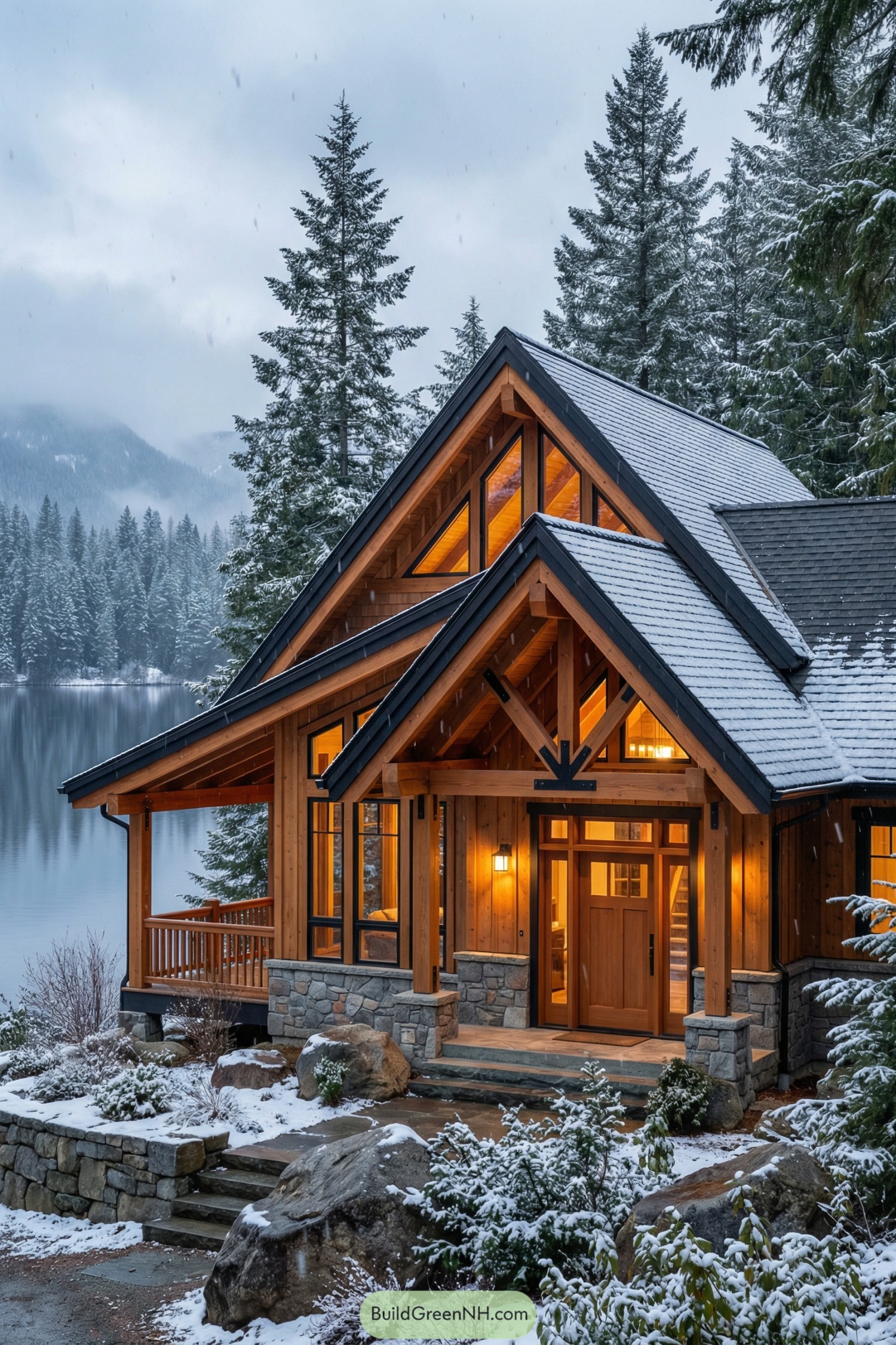 Cozy timber lake house with glowing windows in snowy forest