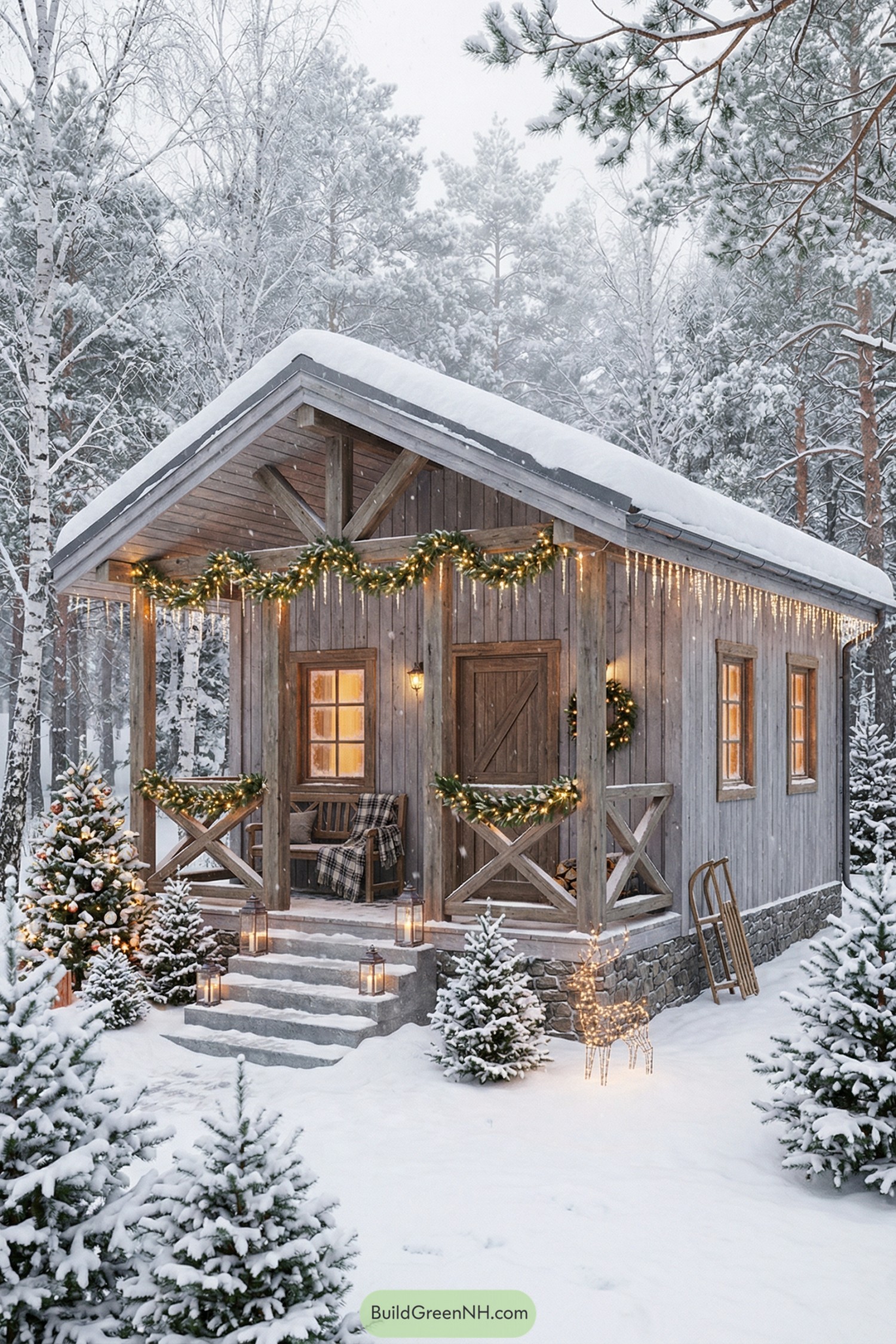 Small rustic cabin in a snowy forest decorated with garlands and warm holiday lights