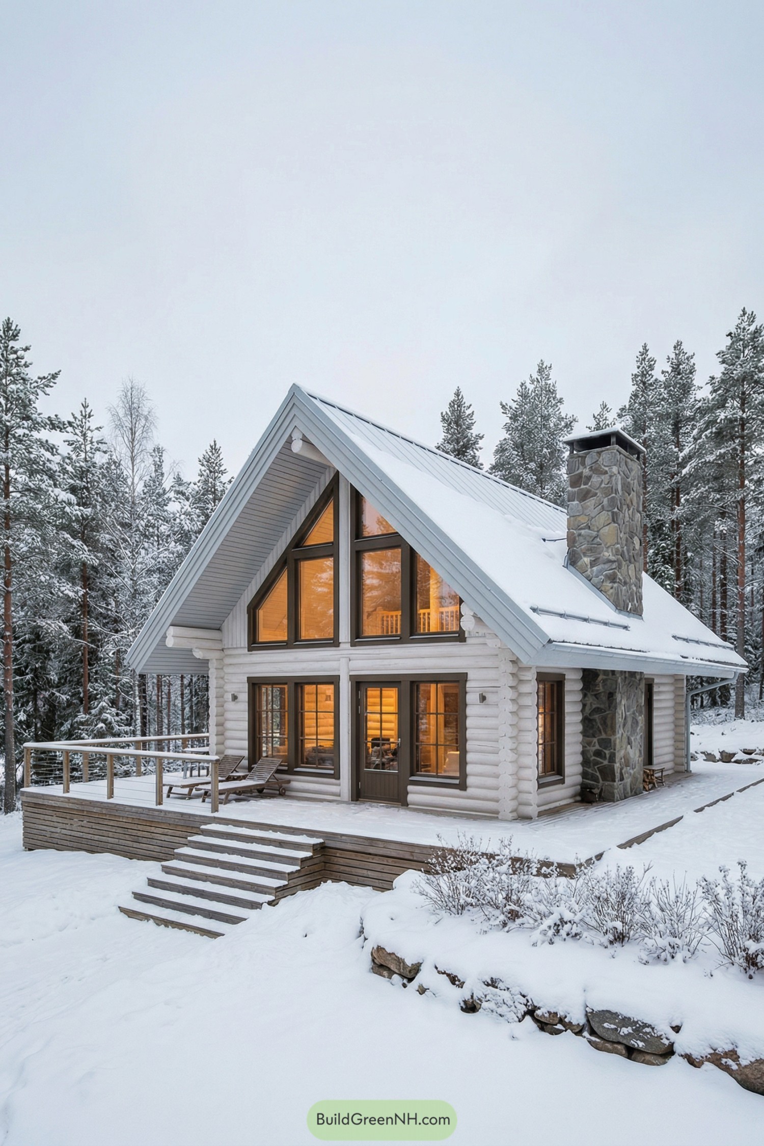 Modern log cabin with tall glass front and stone chimney in a snowy forest