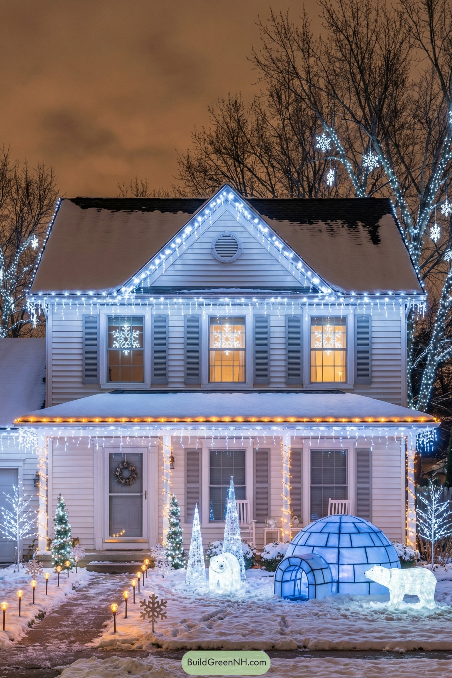 Snowy two-story house covered in blue and white holiday lights with illuminated polar bears and igloo sculptures on the front lawn