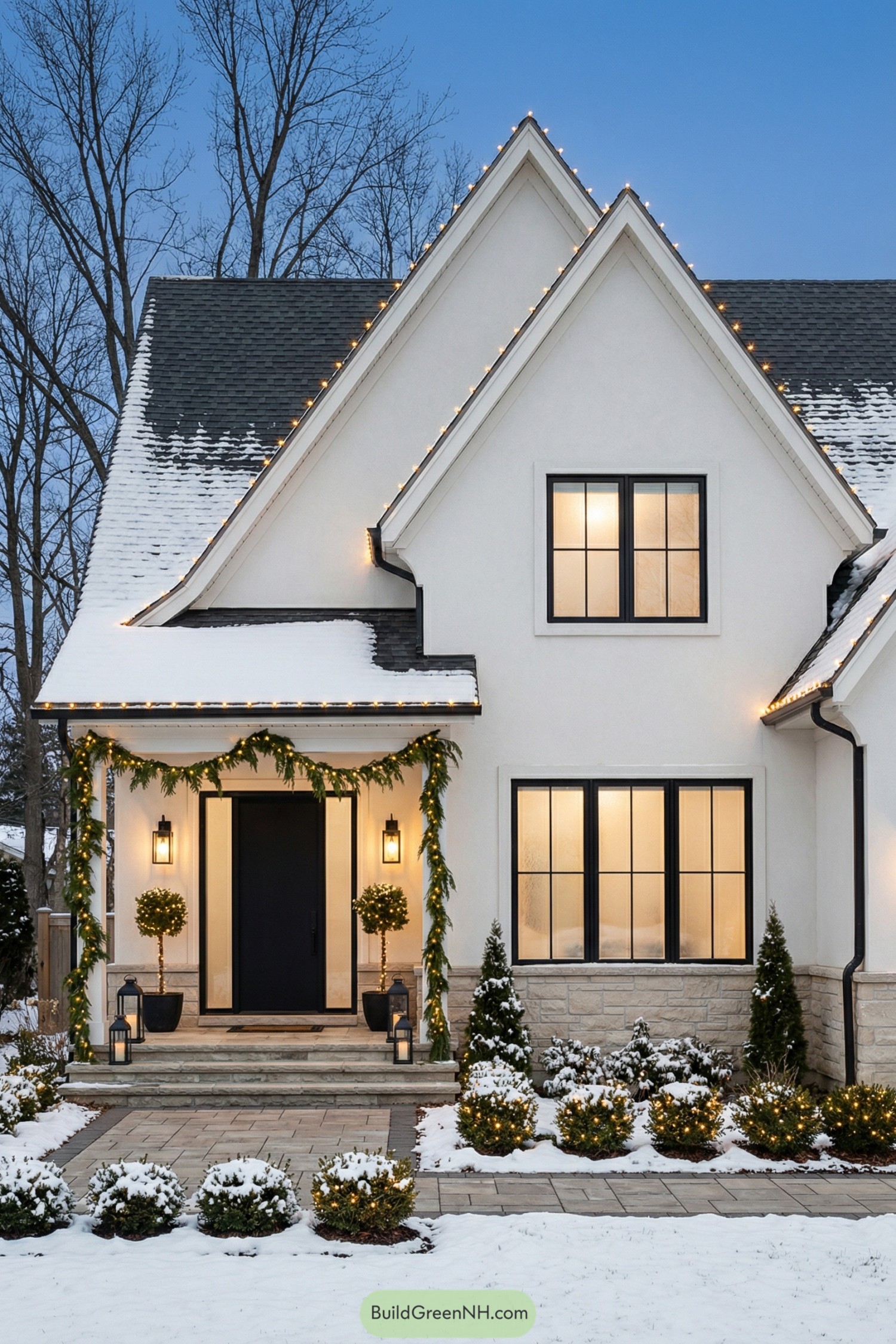 Modern white gabled house with snow and warm holiday lights