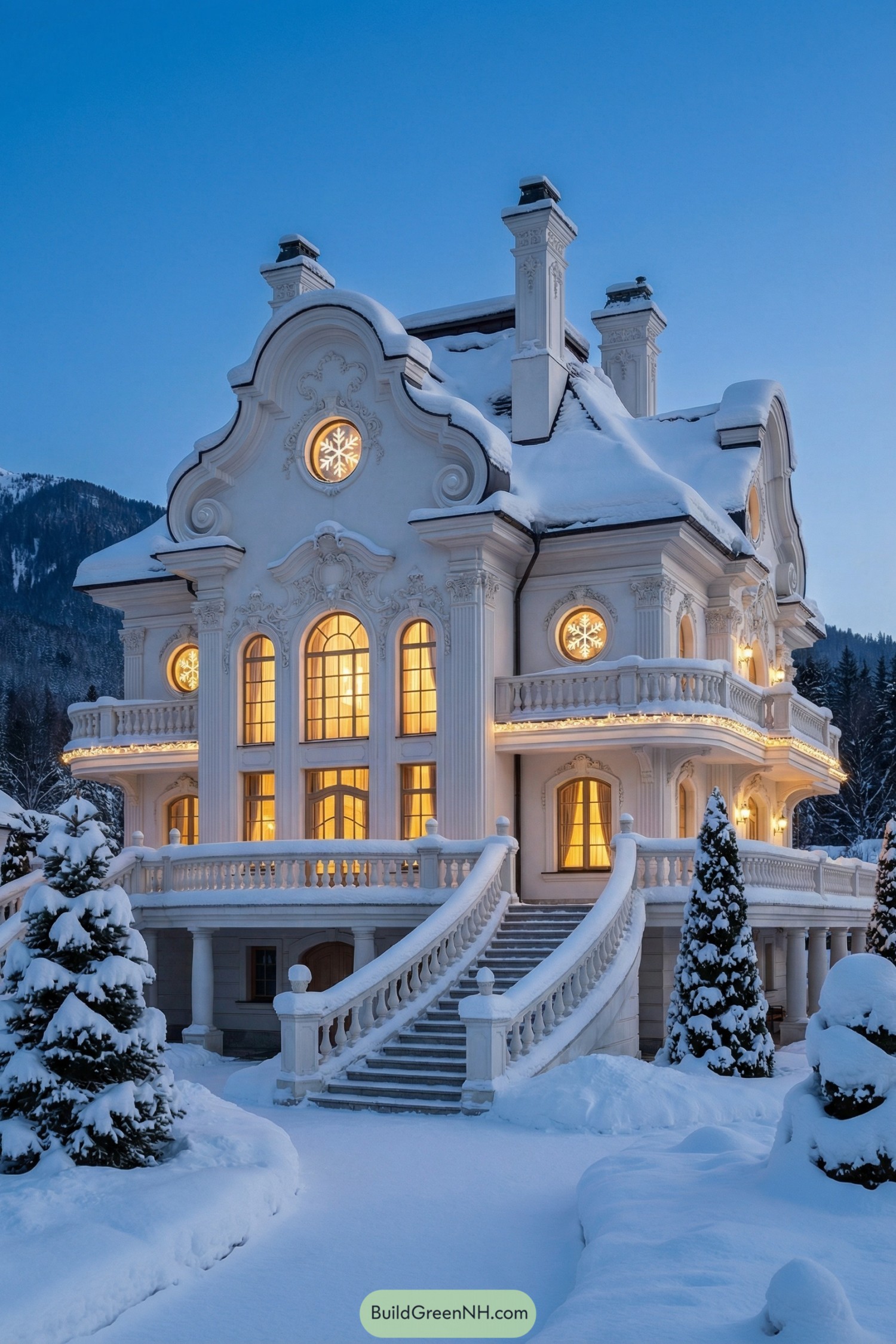 Ornate white mansion with glowing windows under deep snow and twilight sky