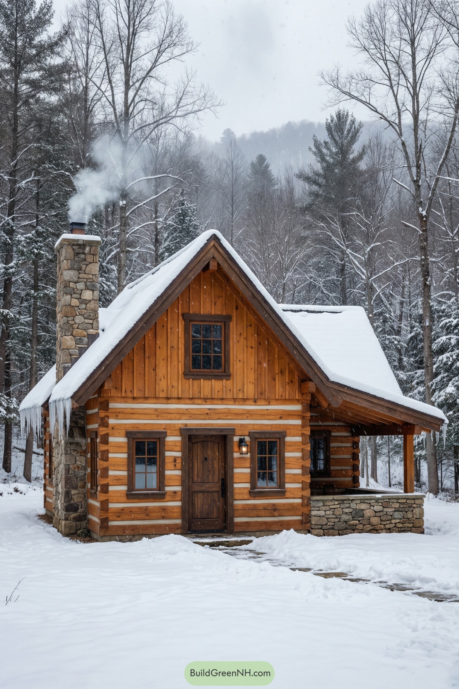 Cozy log cabin in snowy forest