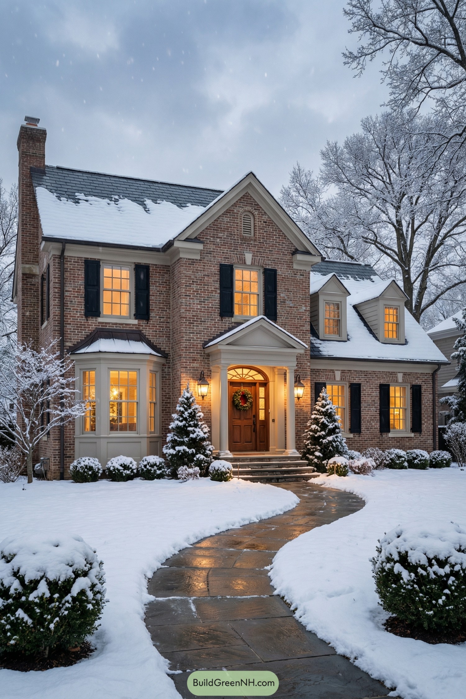 Brick house glowing warmly on snowy evening