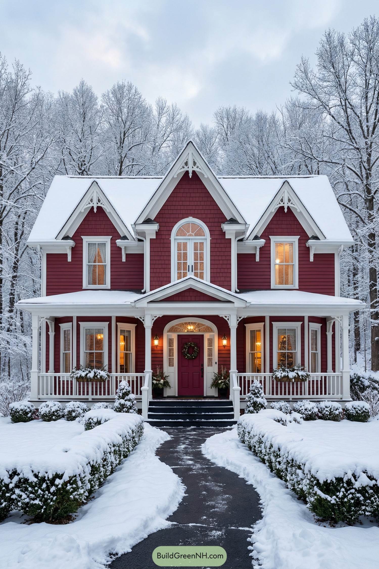 Red Victorian-style house with wraparound porch in winter snow