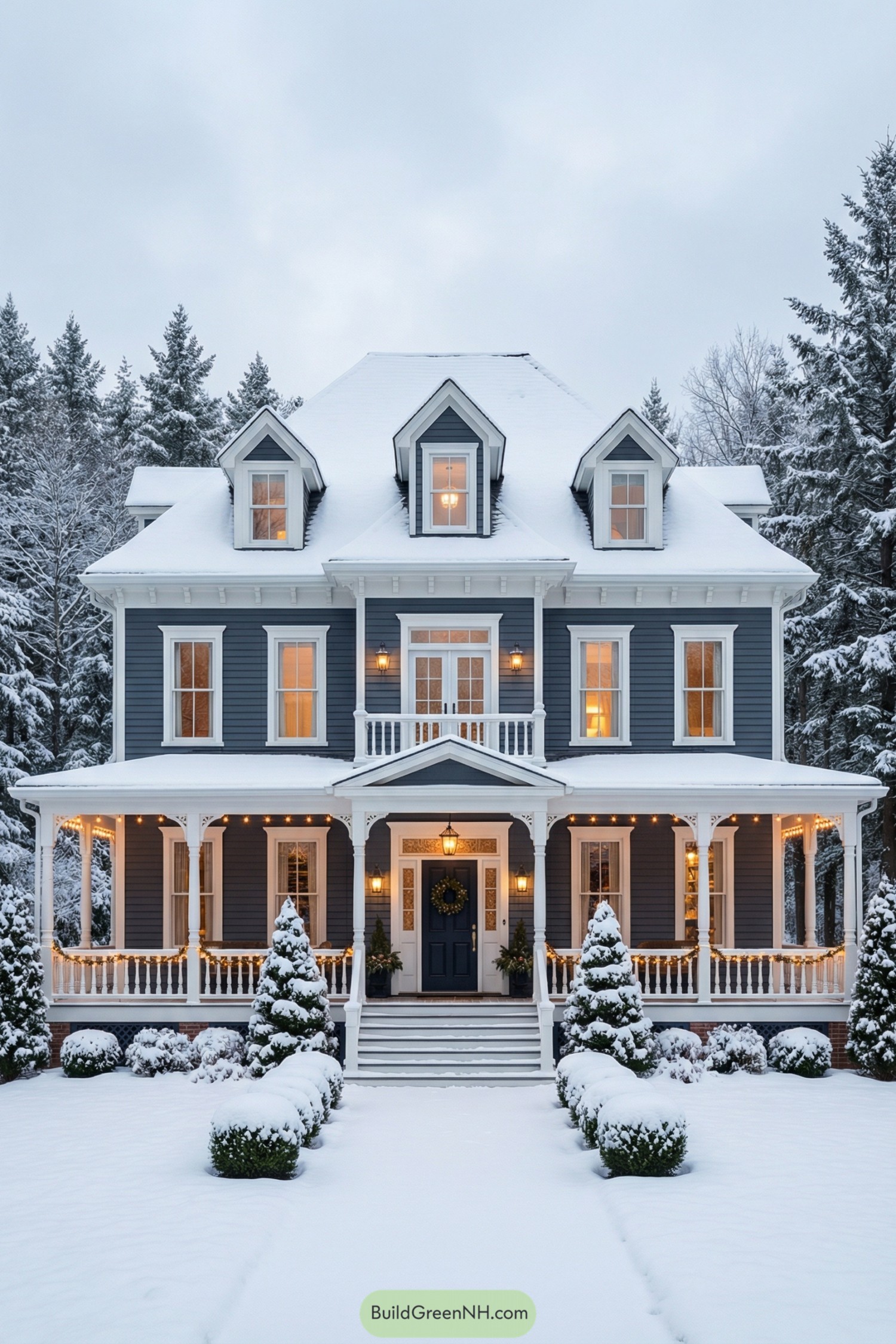 Blue three-story Victorian-style house with wraparound porch, warm windows, and snow-covered yard at dusk