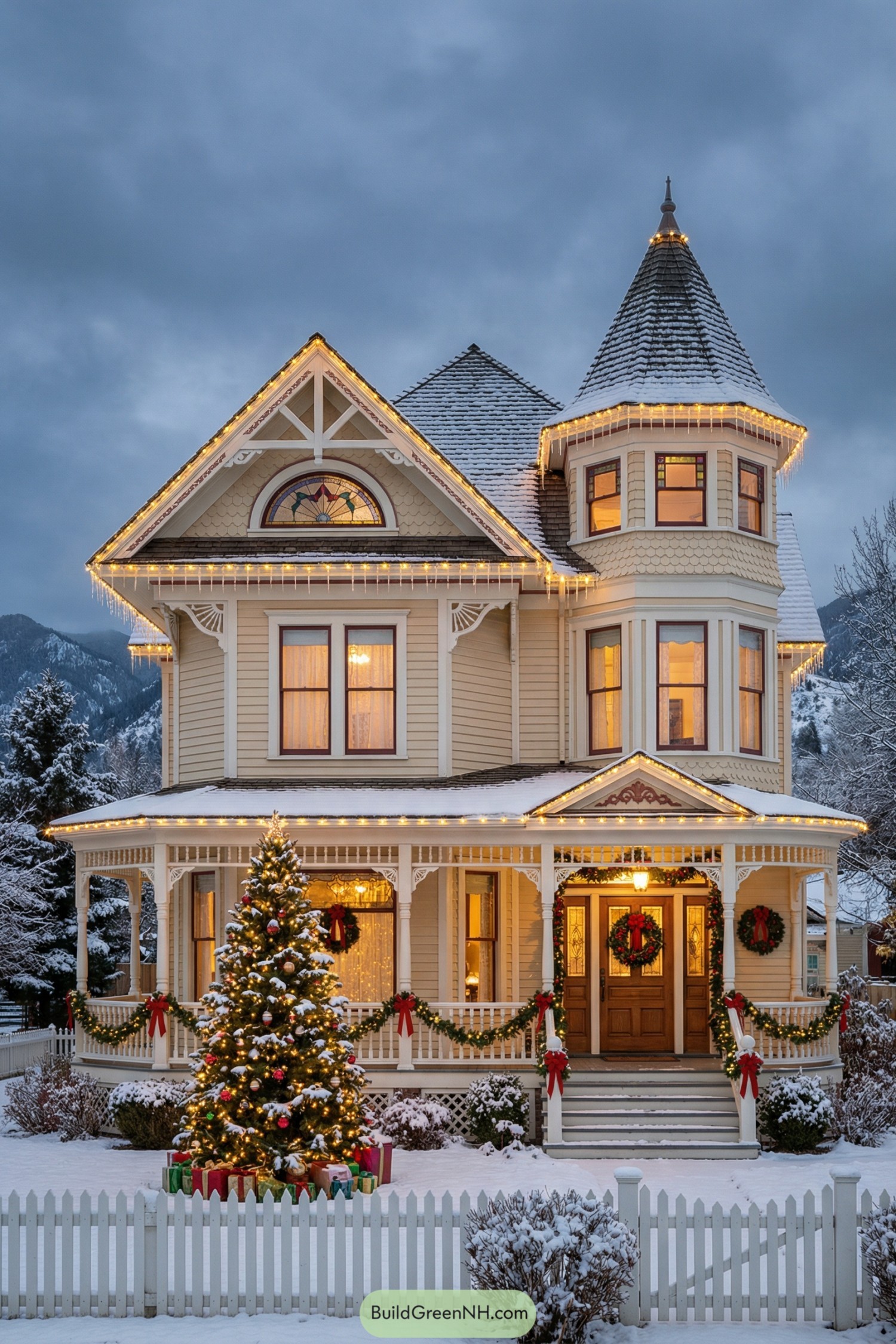 Victorian house with turret, snow, and Christmas lights