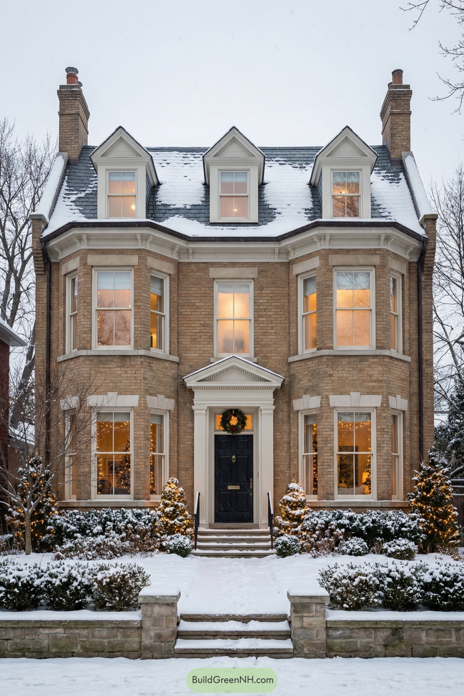 Snow-covered brick townhouse with warm glowing windows and simple holiday decorations