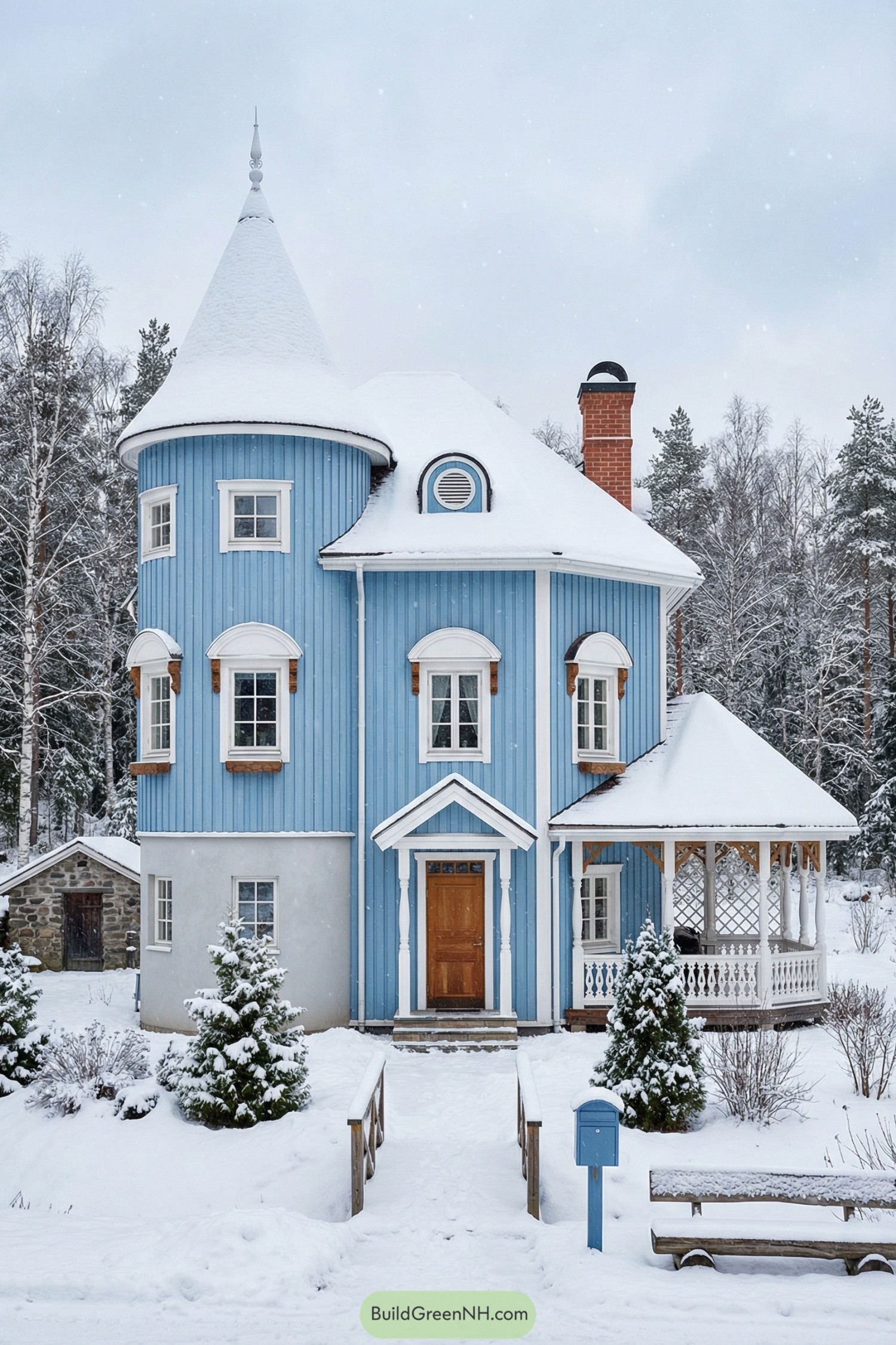 Blue turreted house in snowy forest
