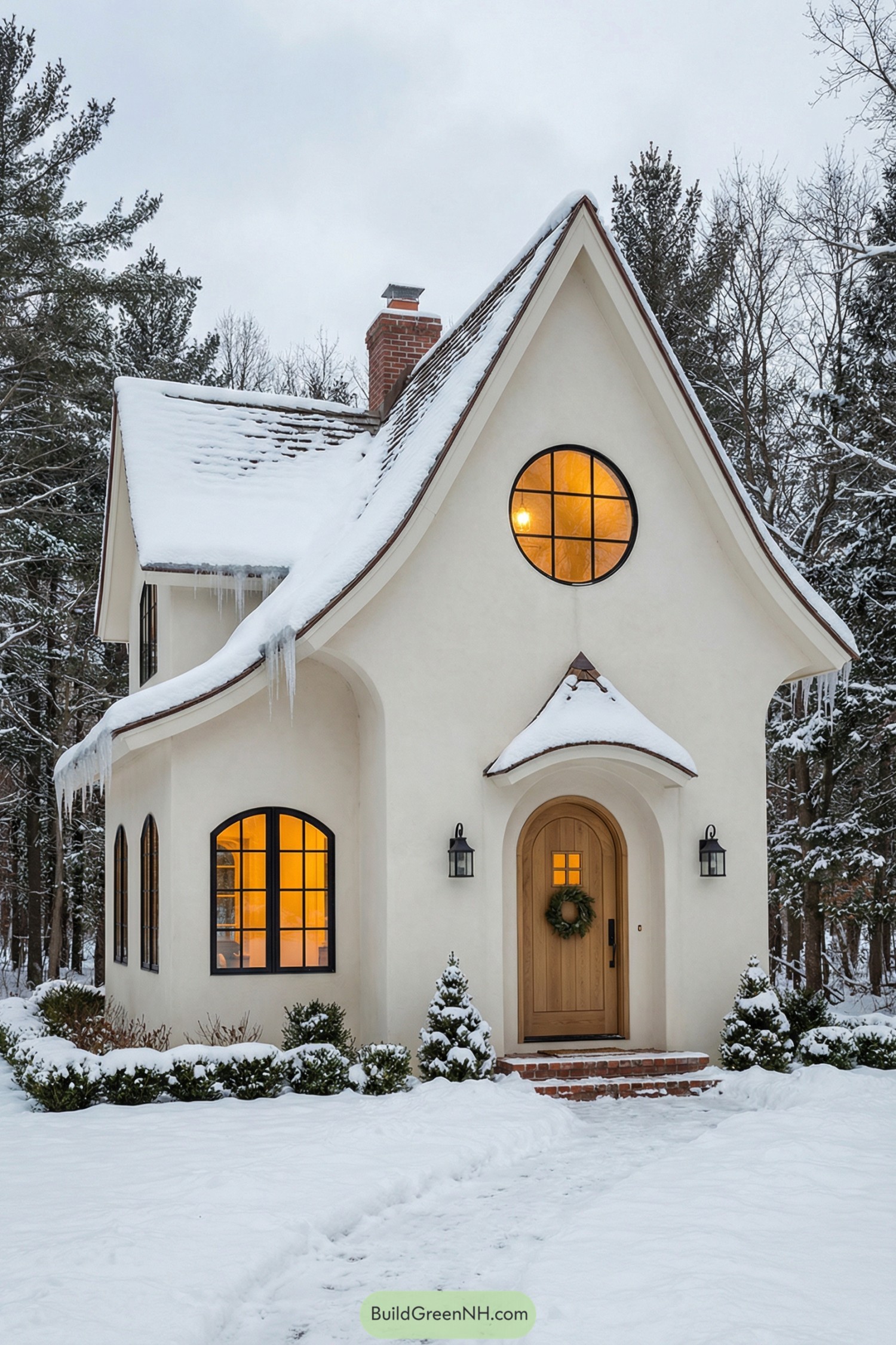 Snow covered storybook cottage glowing warmly at dusk