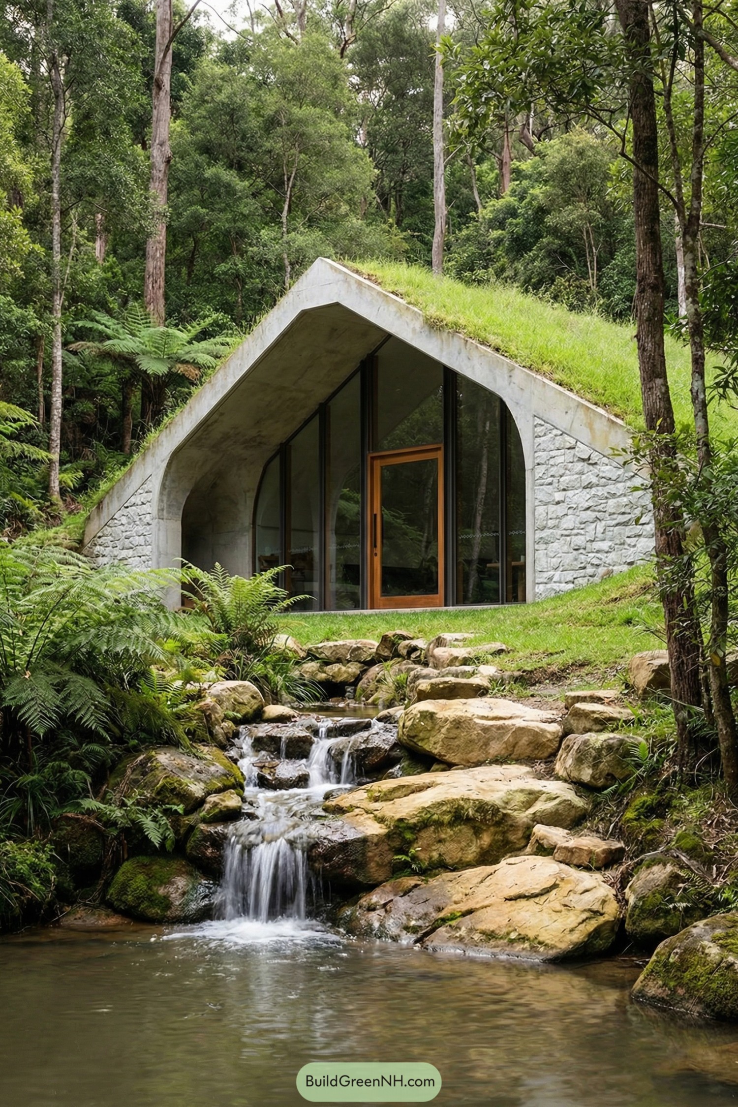 Earth-sheltered modern house with green roof by a rocky waterfall in a lush forest