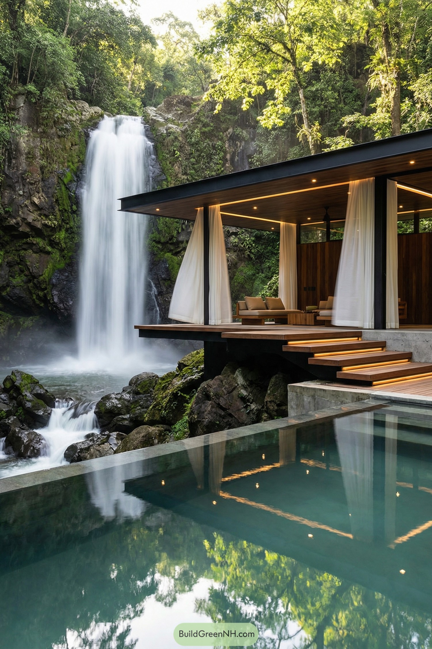 Modern open-air pavilion beside jungle waterfall and reflecting pool