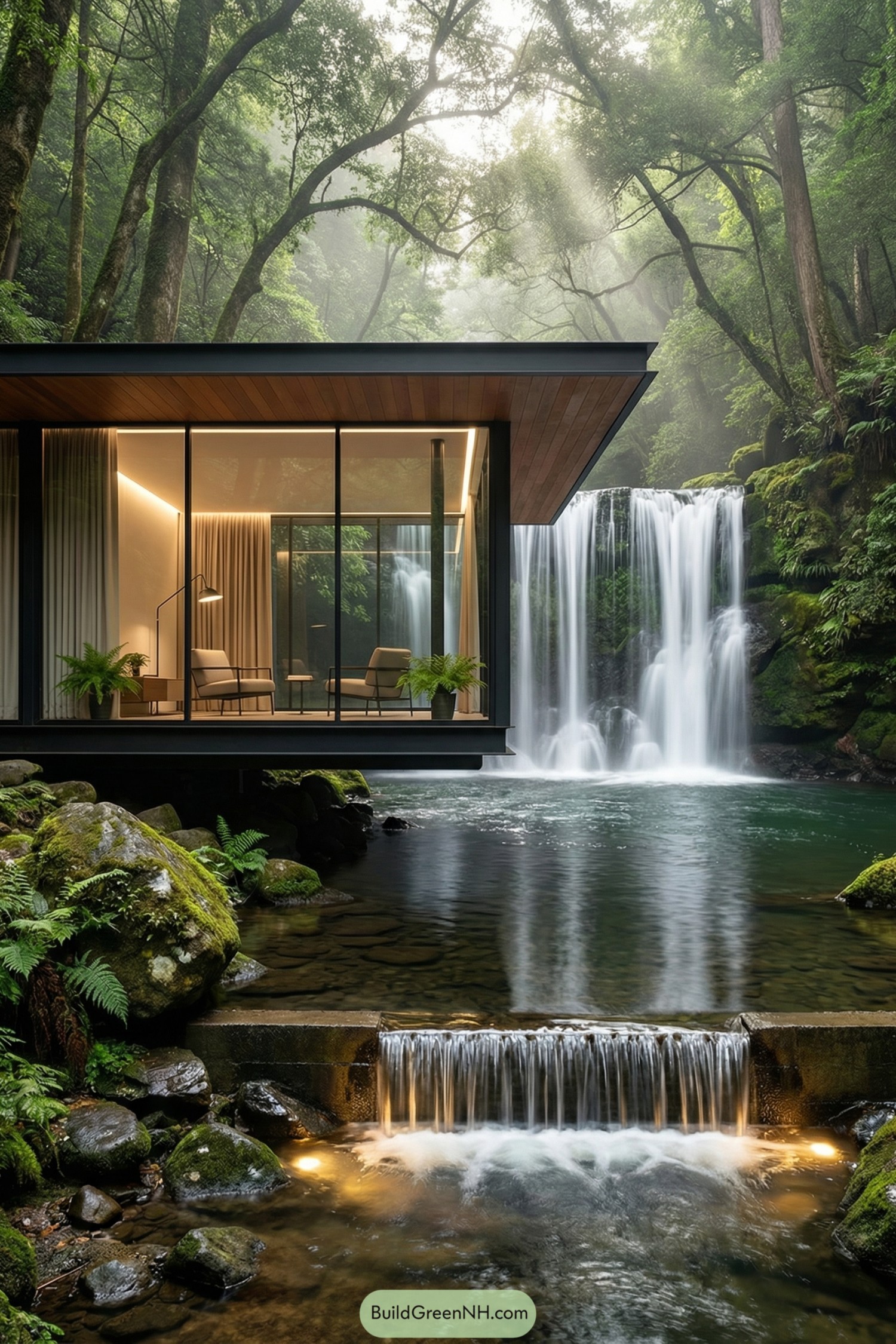 Modern glass house cantilevered beside forest waterfall