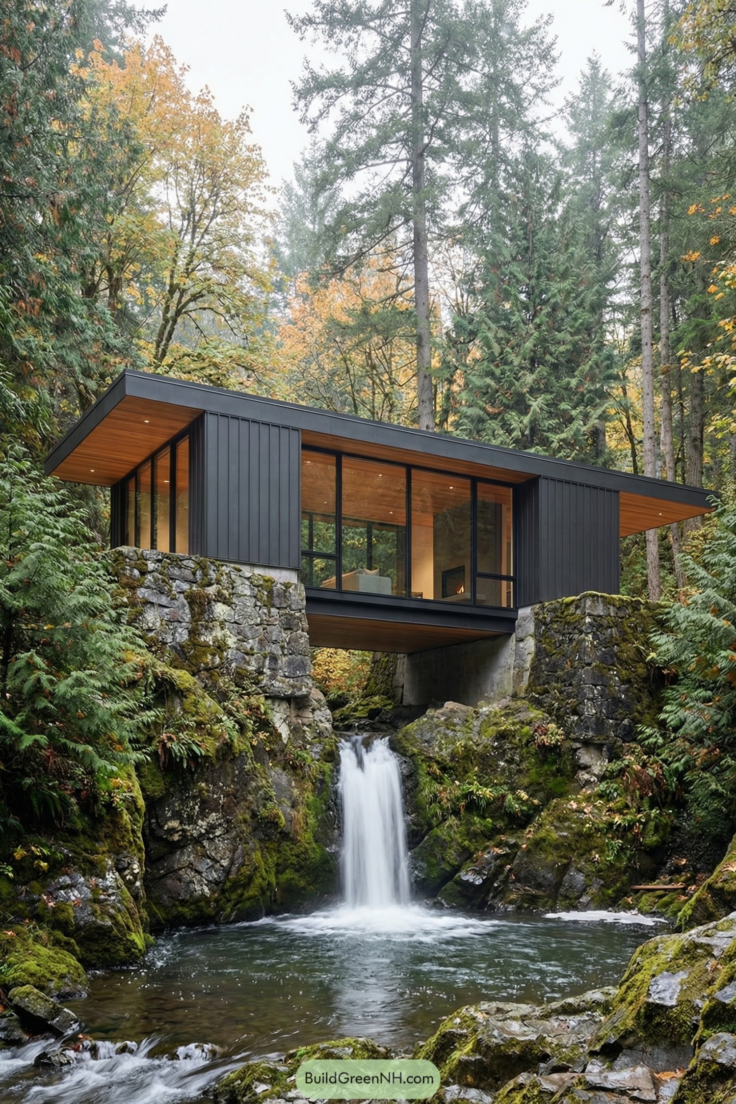Modern glass cabin spanning rocky waterfall