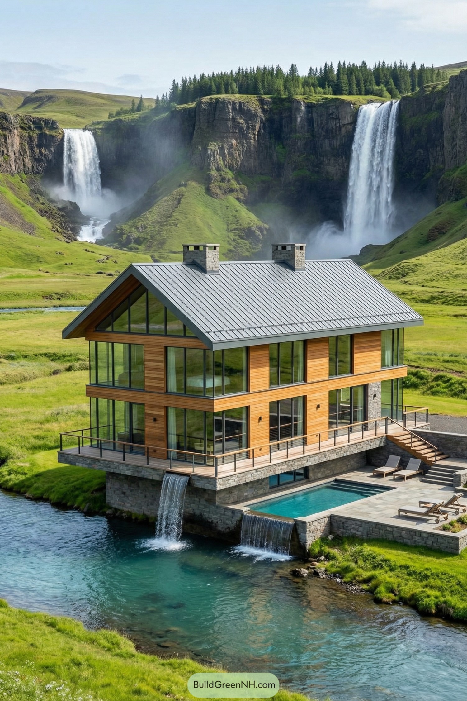 Contemporary glass and timber house cantilevered over a clear stream with twin waterfalls and a pool in front of distant cliffs and falls