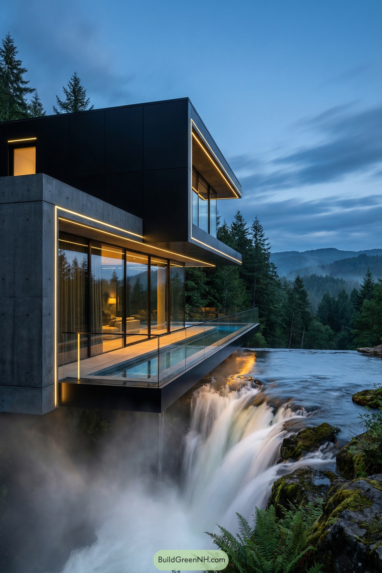 Modern two-story house cantilevered directly over the lip of a wide waterfall, anchored into dark stone cliffs. Sharp angular volumes in matte charcoal concrete and smooth black metal, intersected by thin yellow accent lines in LED strips along edges and railings. Full-height glass walls wrap the main living level, reflecting the white cascade and deep green pine forest on both sides of the gorge. A slim rectangular balcony projects over the falling water, with a clear glass balustrade and a narrow infinity pool aligned to the cliff edge. Dense mist rises from the crashing waterfall below, catching warm interior light that glows in soft amber tones against the cool blue twilight sky. The river above the falls is calm and mirror-like, framed by moss-covered rocks, ferns, and scattered boulders. Background slopes rise into layered forested hills, fading into atmospheric haze, with subtle clouds streaking across the horizon. Low-key, high-contrast lighting emphasizes edges, reflections, and the vertical drop, creating a dramatic, cinematic viewpoint from slightly below and to the side of the house. real-life photo, high-resolution, landscape scenery photography, cinematic composition