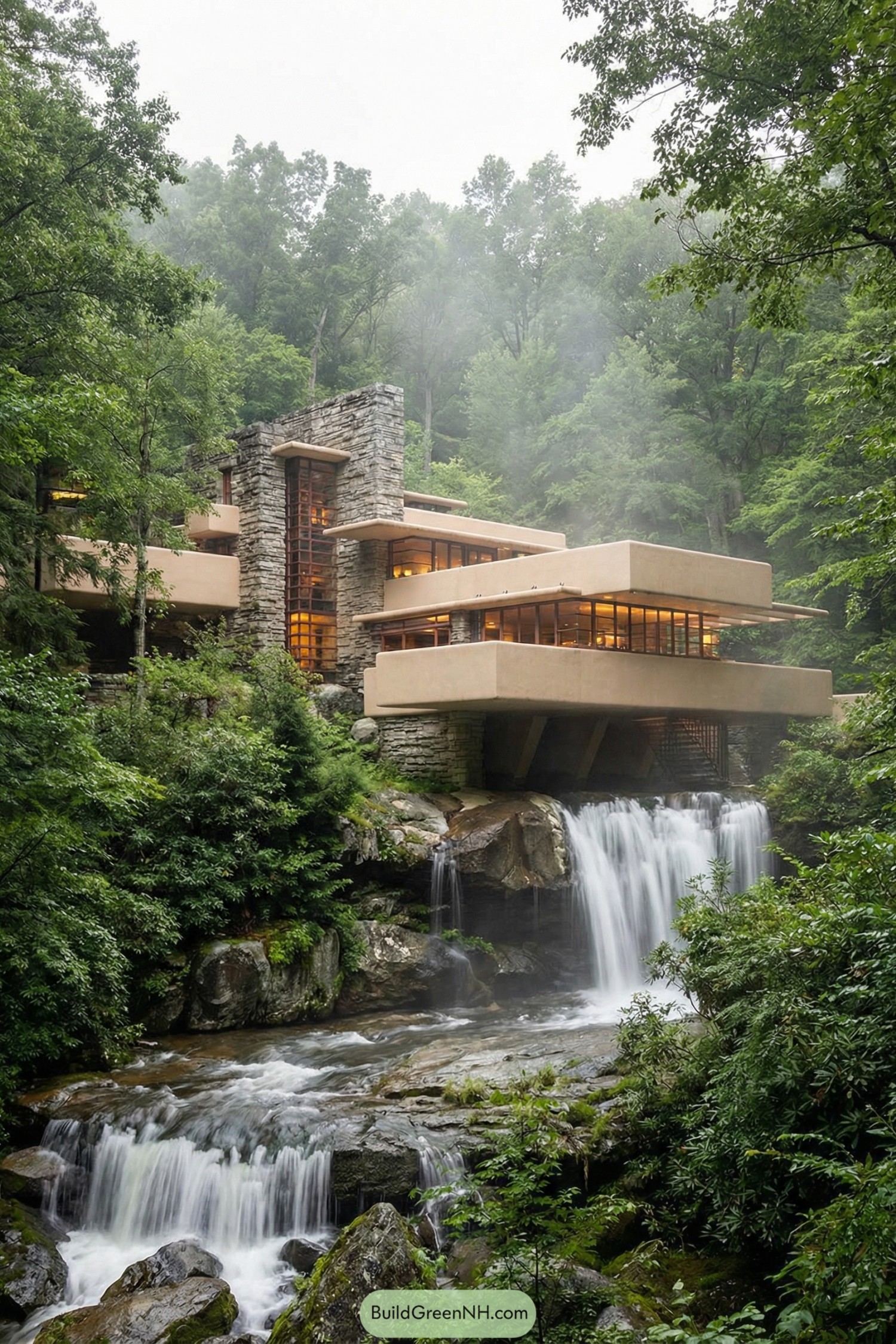 Modern stone and concrete house cantilevered directly above a forest waterfall