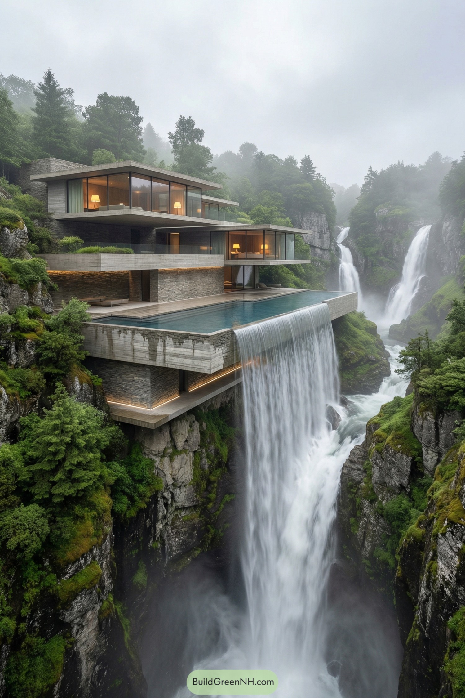 Modern cliff house with tiered glass levels and infinity pool spilling into a tall waterfall