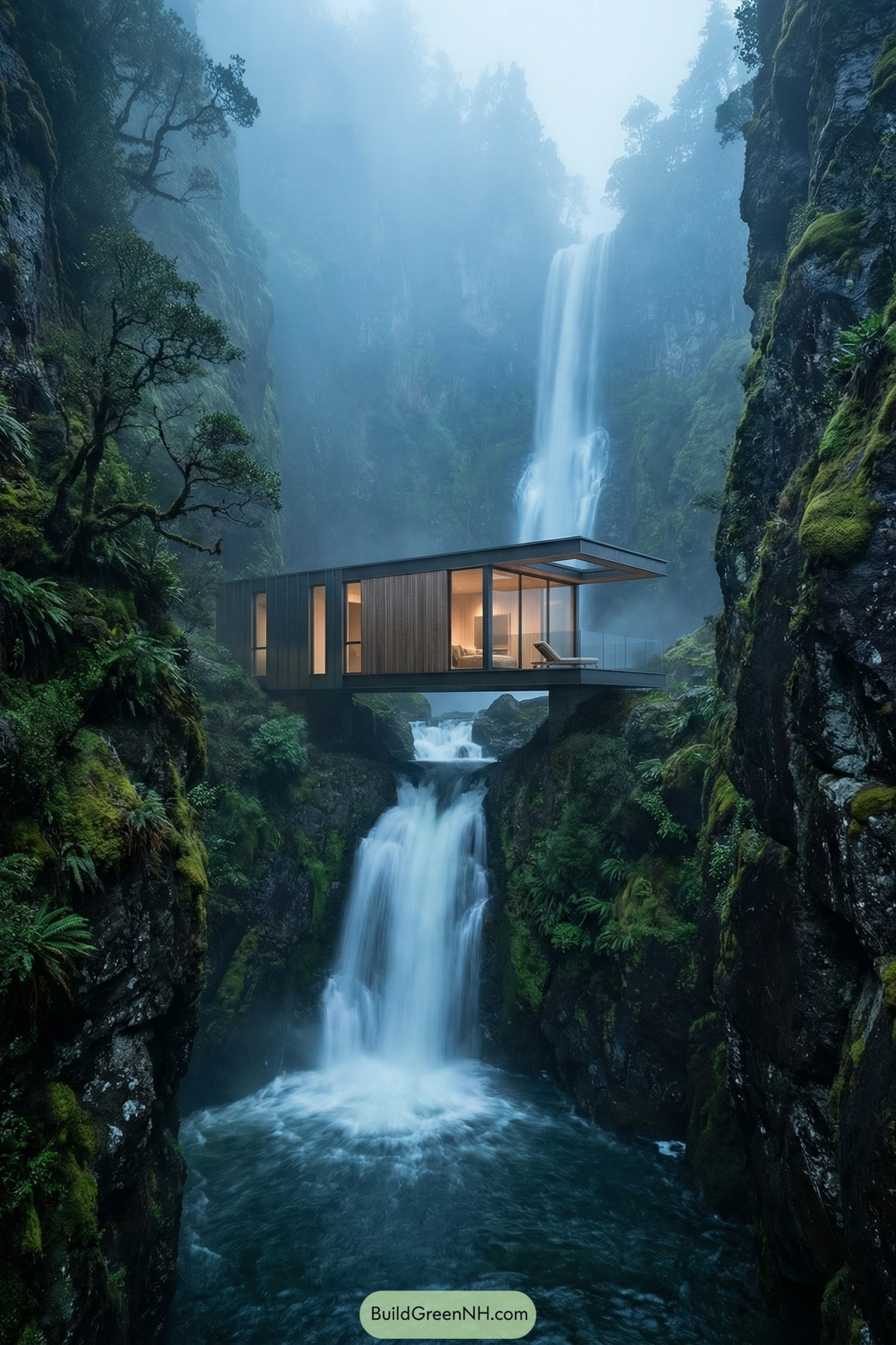 Modern glass and wood house spanning a narrow gorge directly above a cascading waterfall