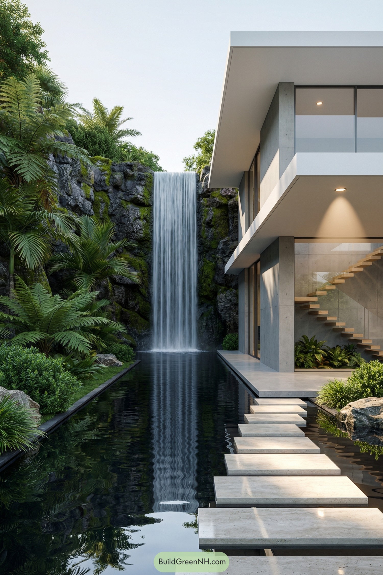 Minimalist concrete home beside vertical waterfall and reflecting pool with floating stone steps