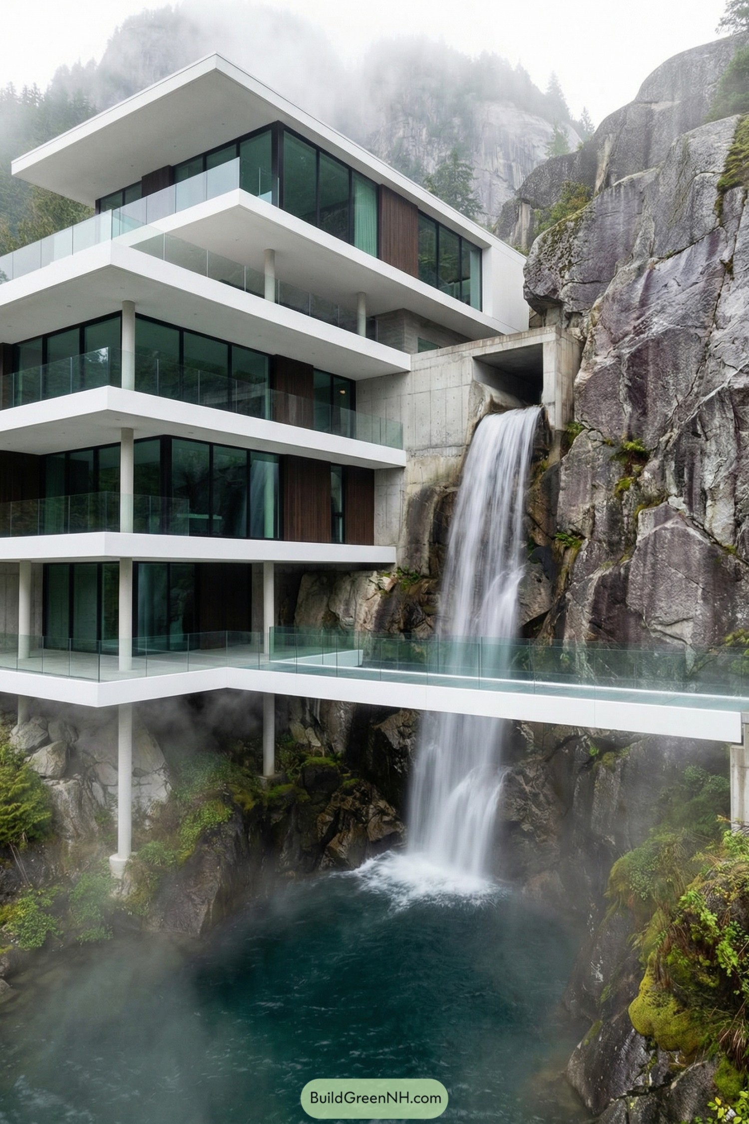 Modern multi-level glass house cantilevered beside a rocky cliff waterfall pouring into a turquoise pool