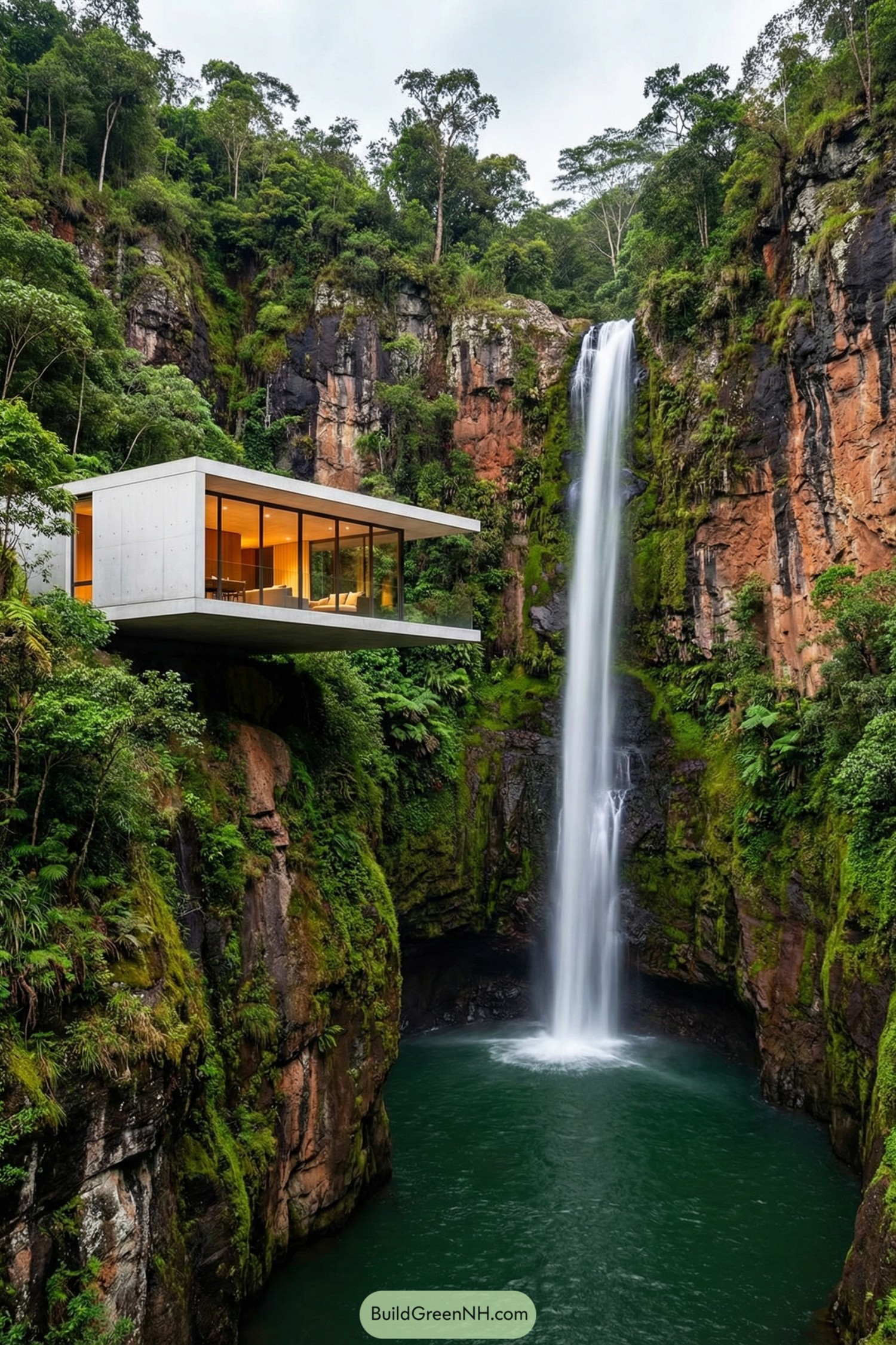 Modern cliffside glass house cantilevered beside tall jungle waterfall and deep green pool