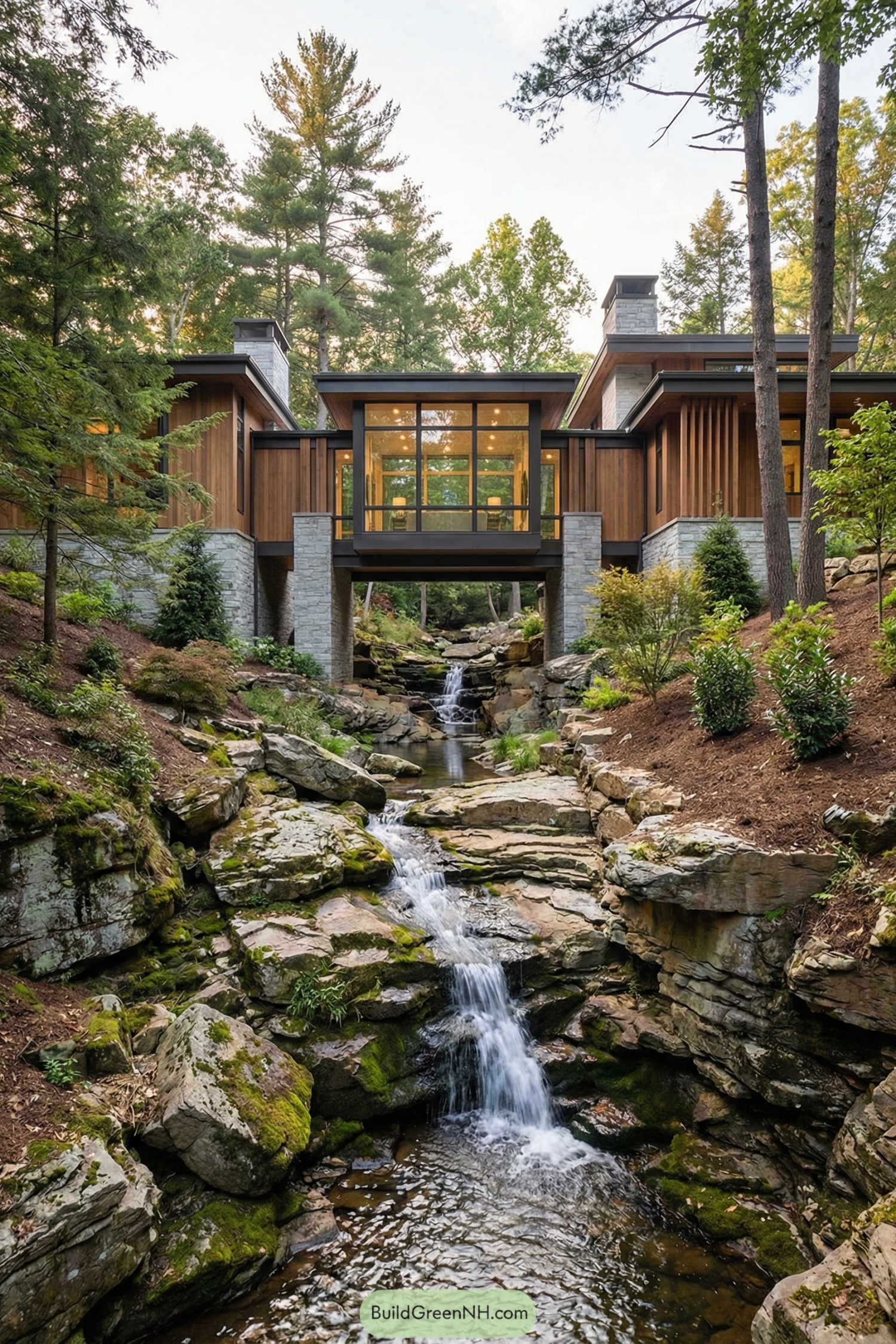 Modern wood-and-glass house spanning a rocky waterfall